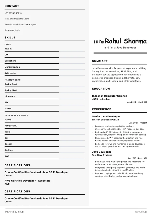Java Developer resume example