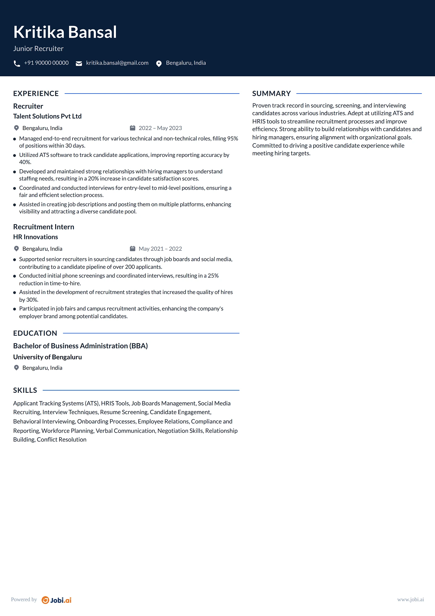 Recruiter resume example — Junior Recruiter