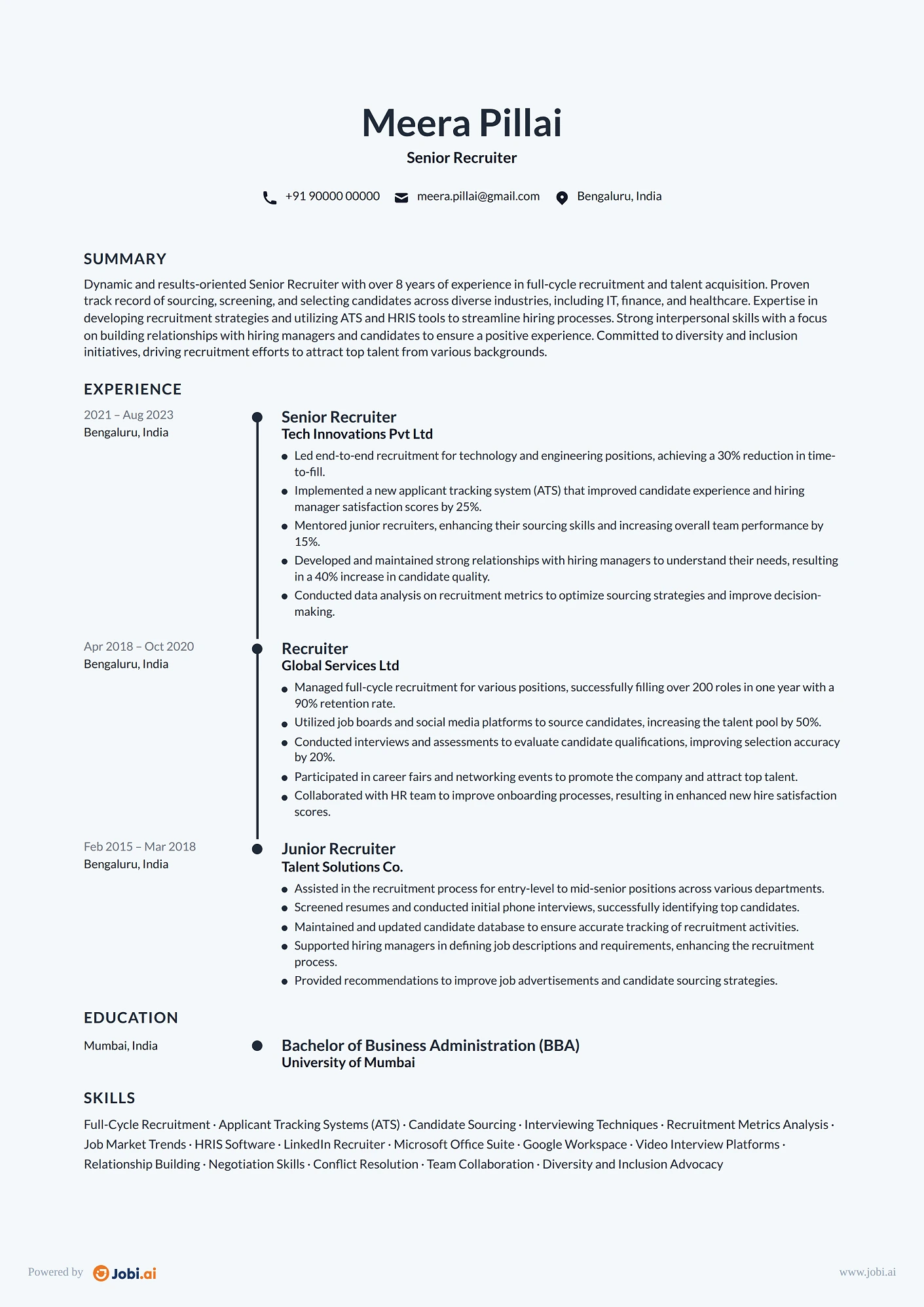 Recruiter resume example — Senior Recruiter
