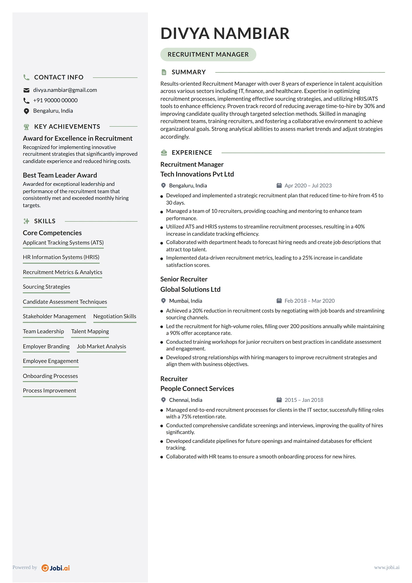 Recruiter resume example — Recruitment Manager