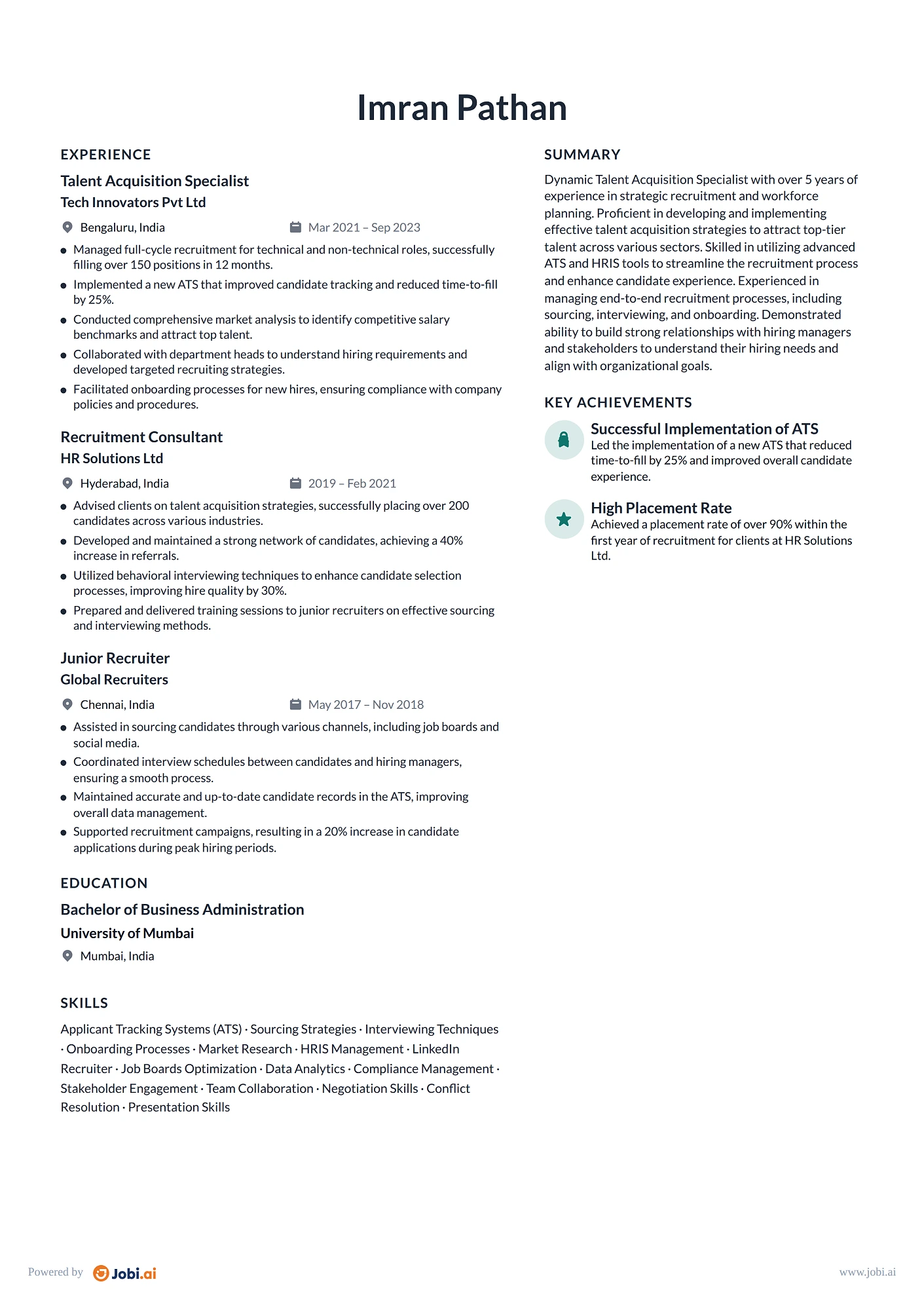 Recruiter resume example — Talent Acquisition Specialist