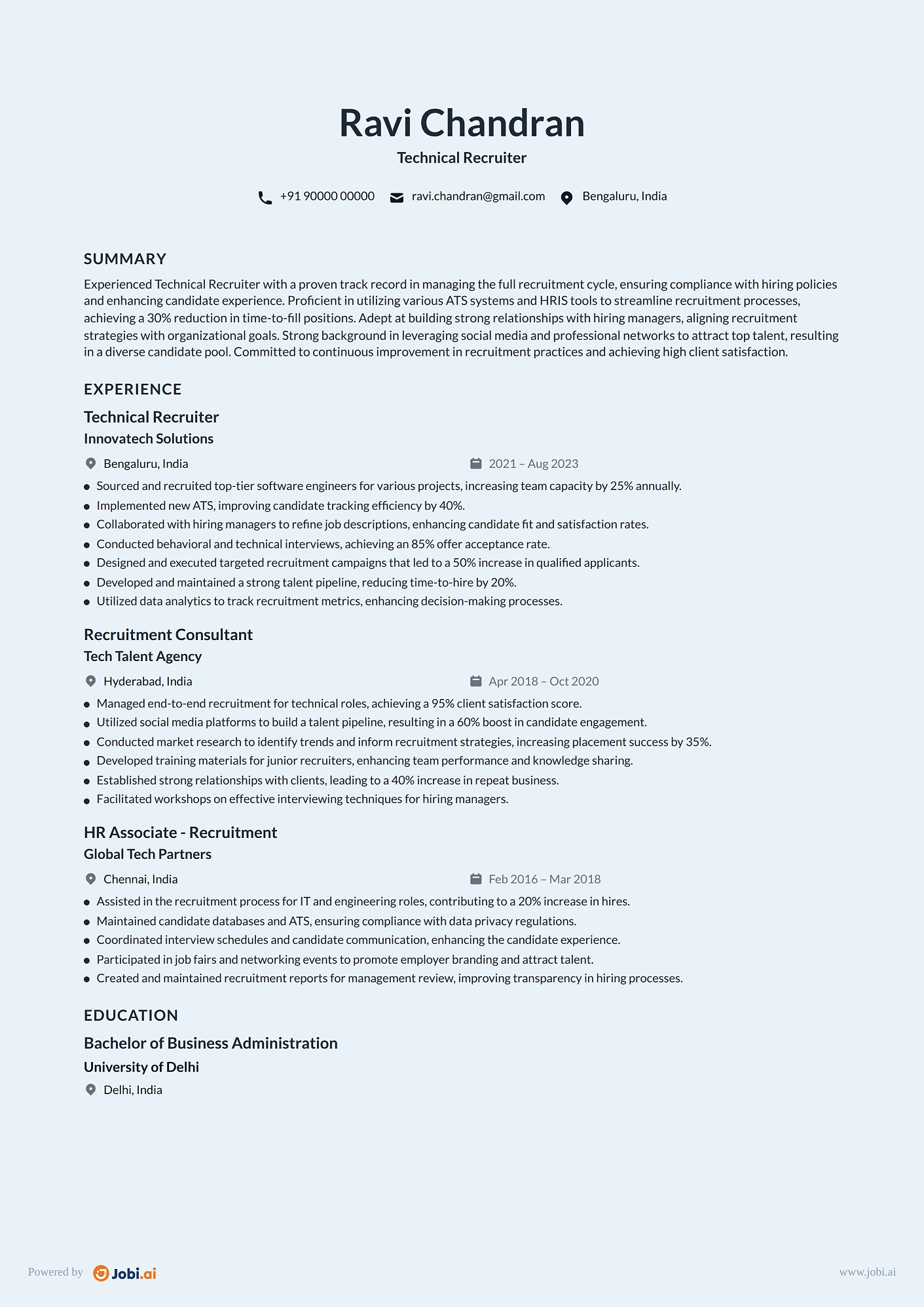 Recruiter resume example — Technical Recruiter