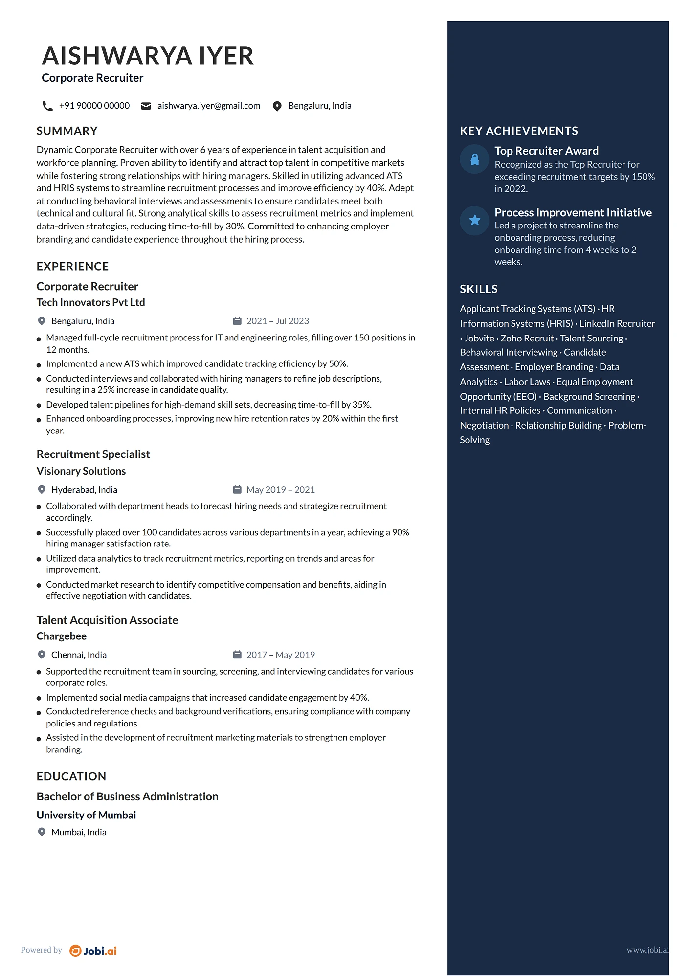 Recruiter resume example — Corporate Recruiter