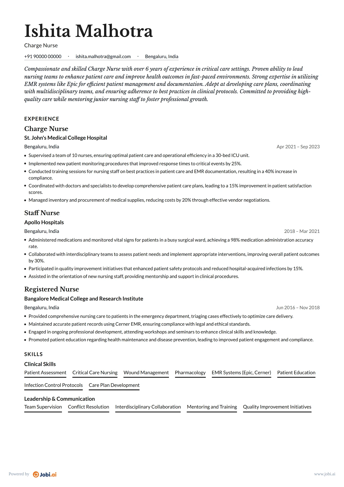 Registered Nurse resume example — Charge Nurse