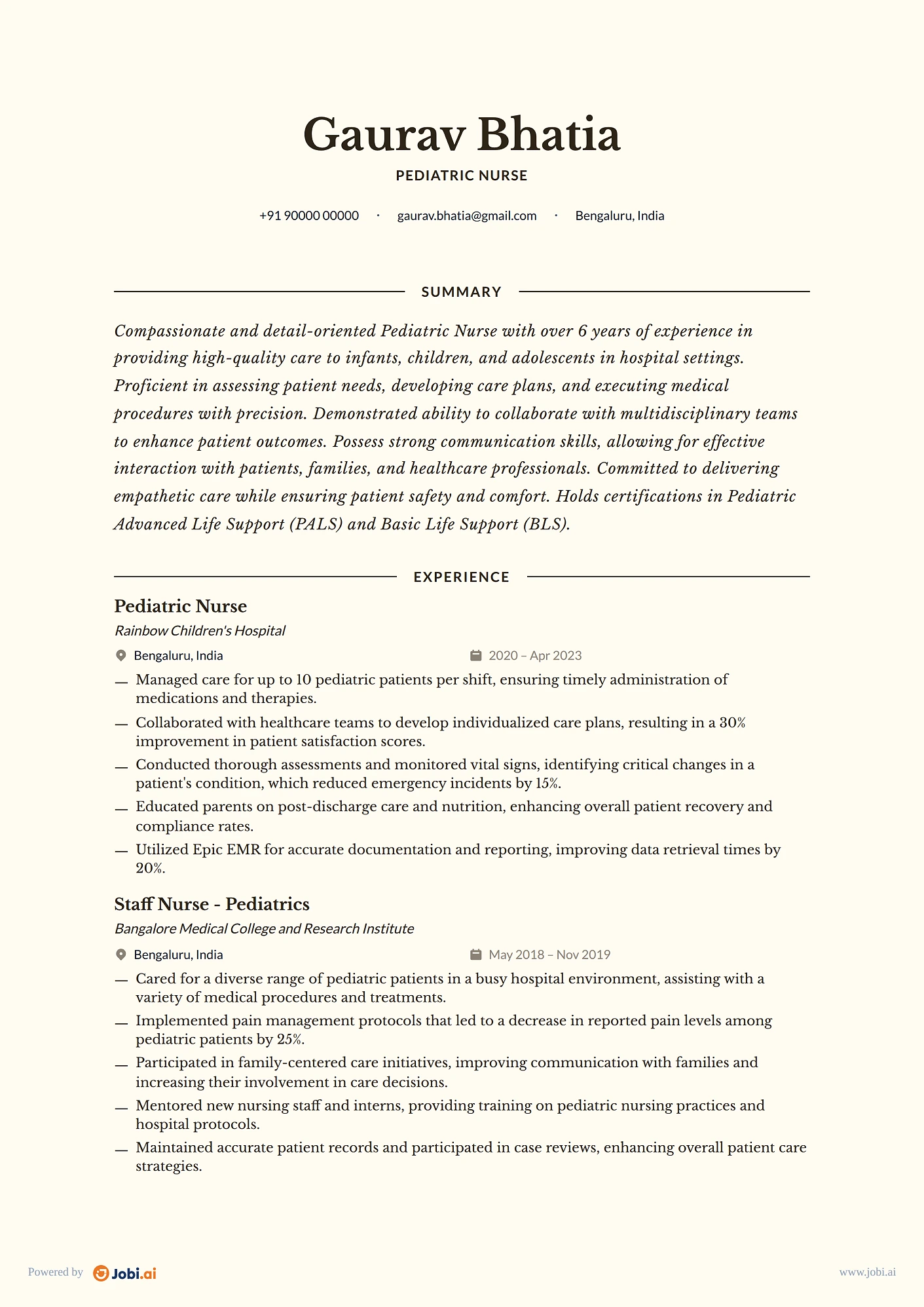 Registered Nurse resume example — Pediatric Nurse
