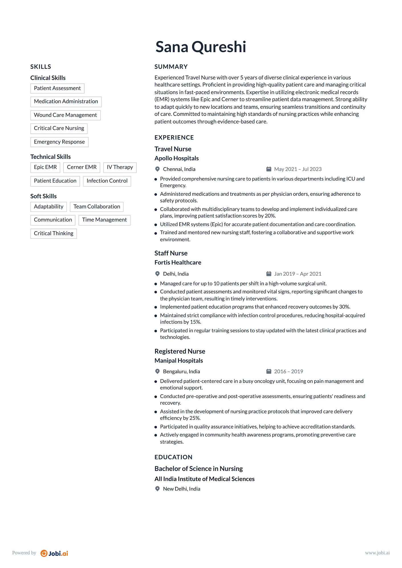 Registered Nurse resume example — Travel Nurse