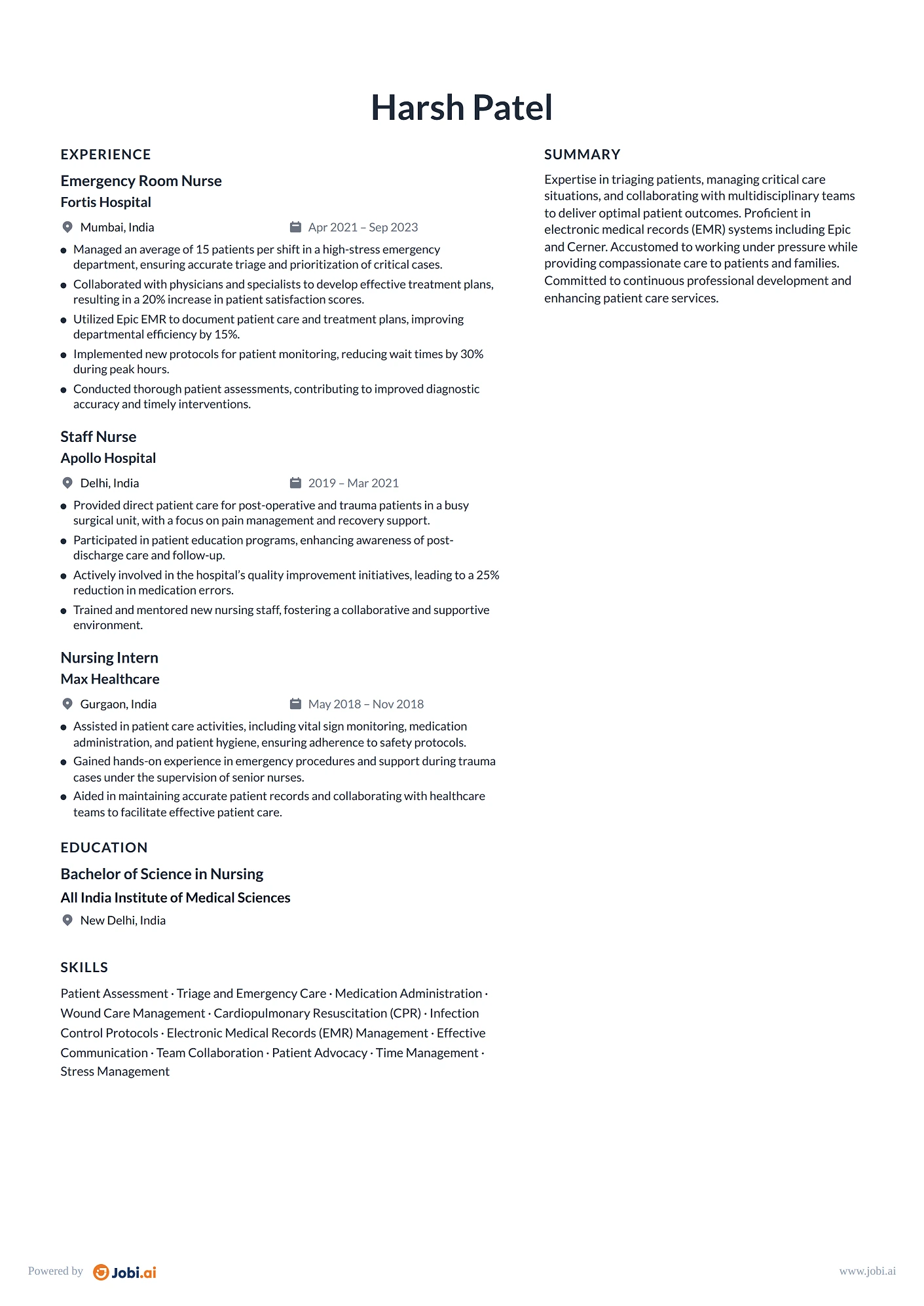 Registered Nurse resume example — Emergency Room Nurse