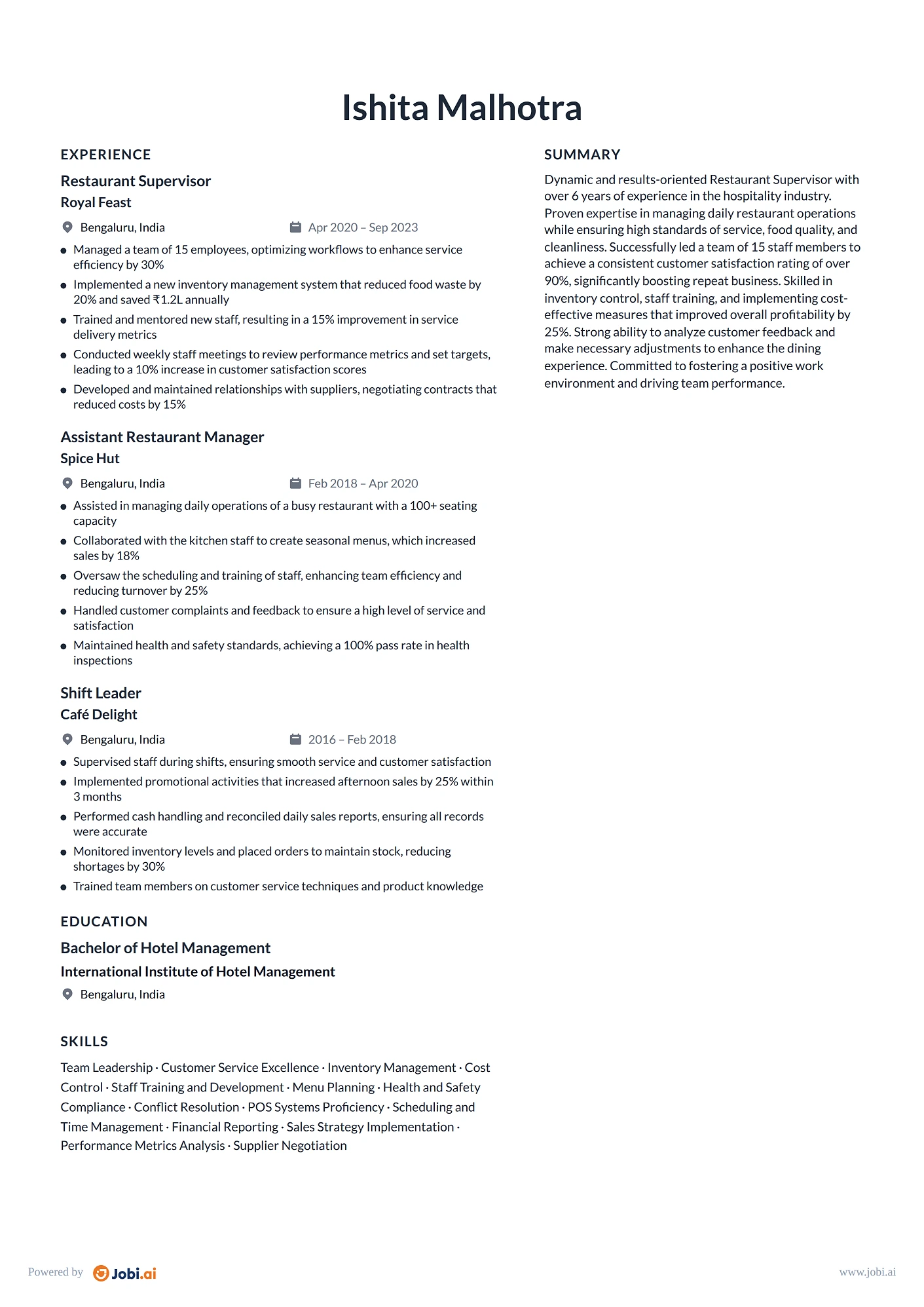 Restaurant Manager resume example — Restaurant Supervisor