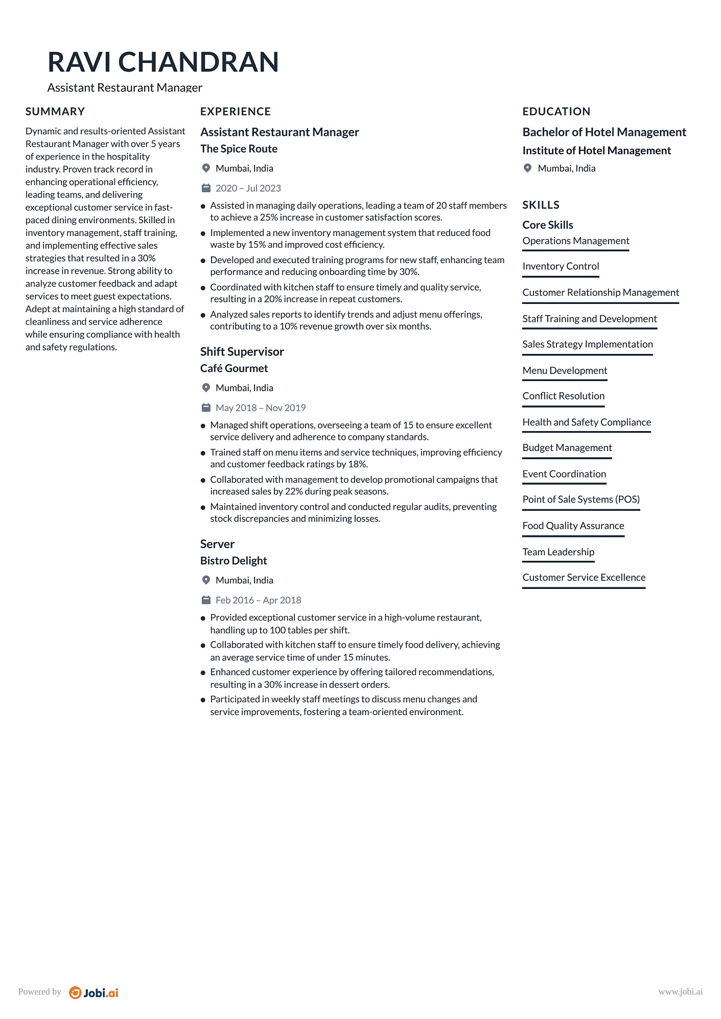 Restaurant Manager resume example — Assistant Restaurant Manager
