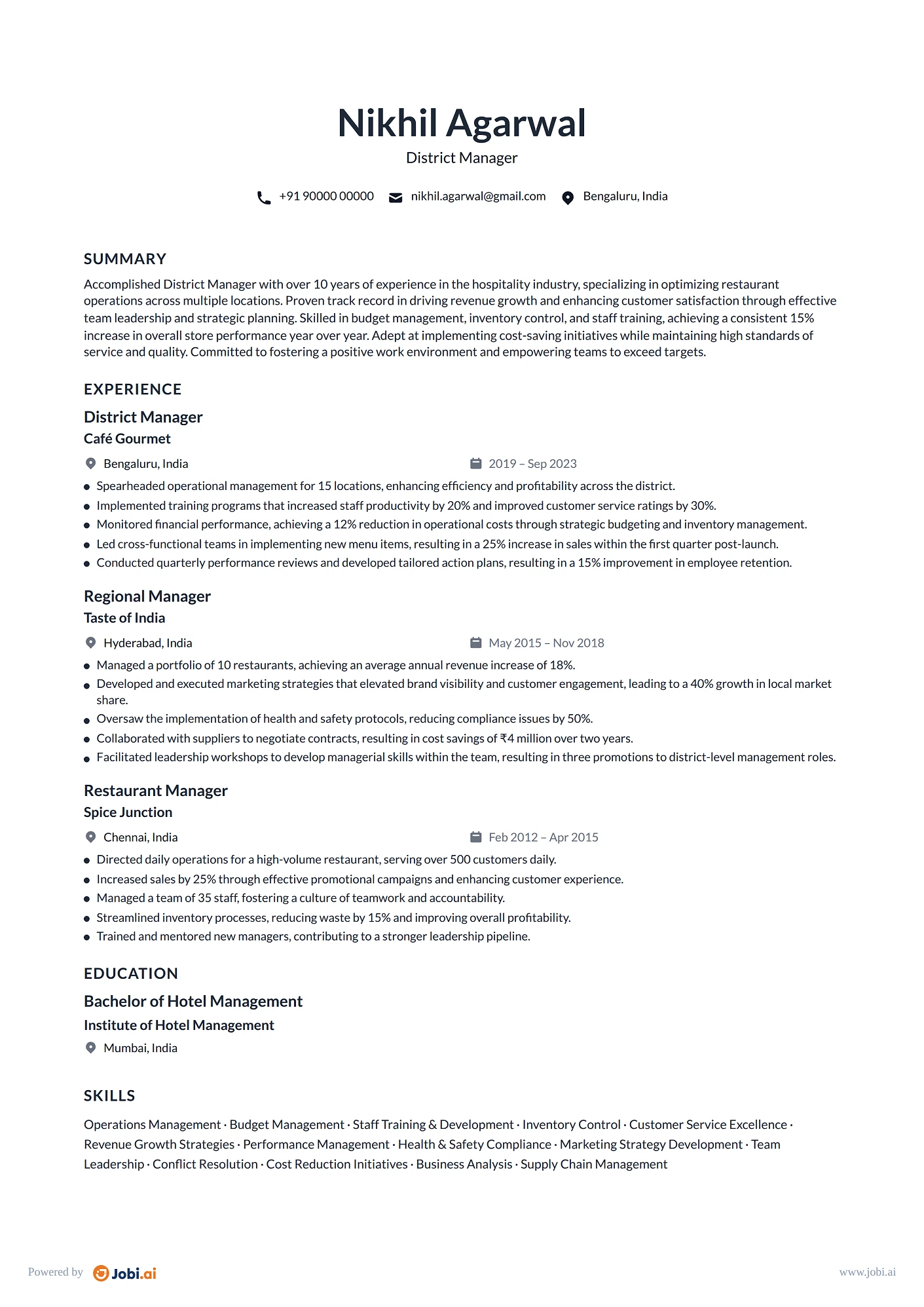 Restaurant Manager resume example — District Manager
