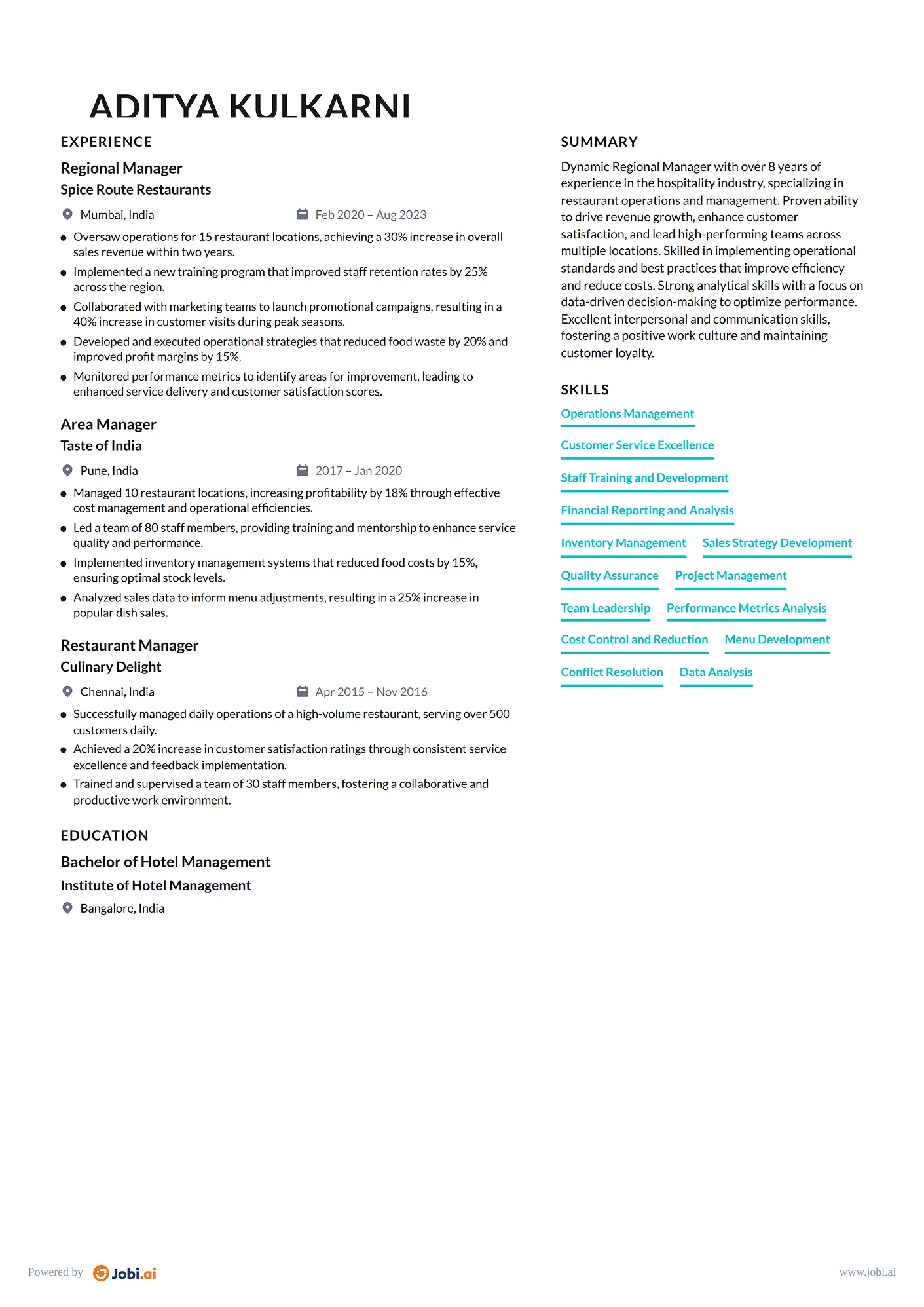 Restaurant Manager resume example — Regional Manager