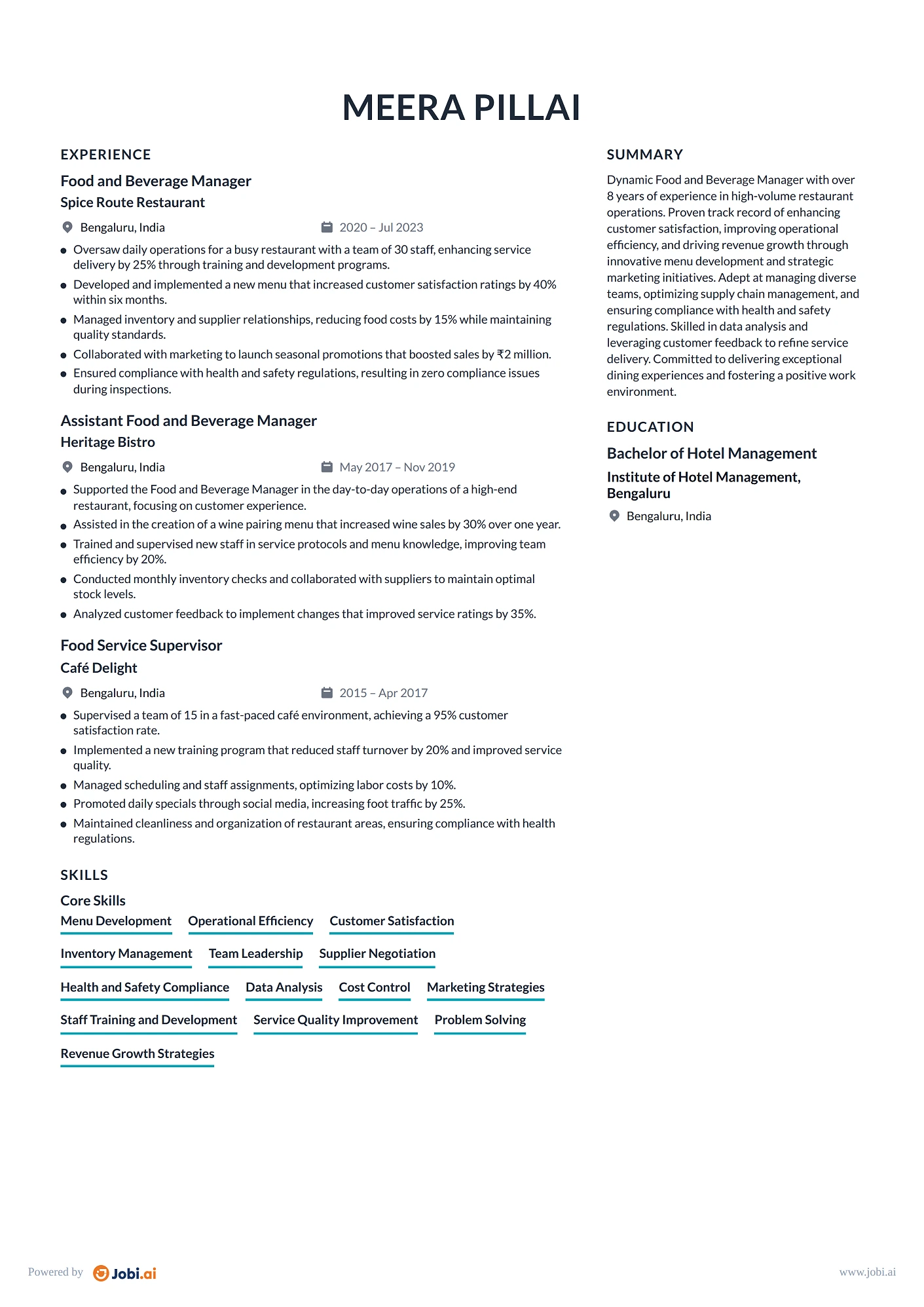 Restaurant Manager resume example — Food and Beverage Manager