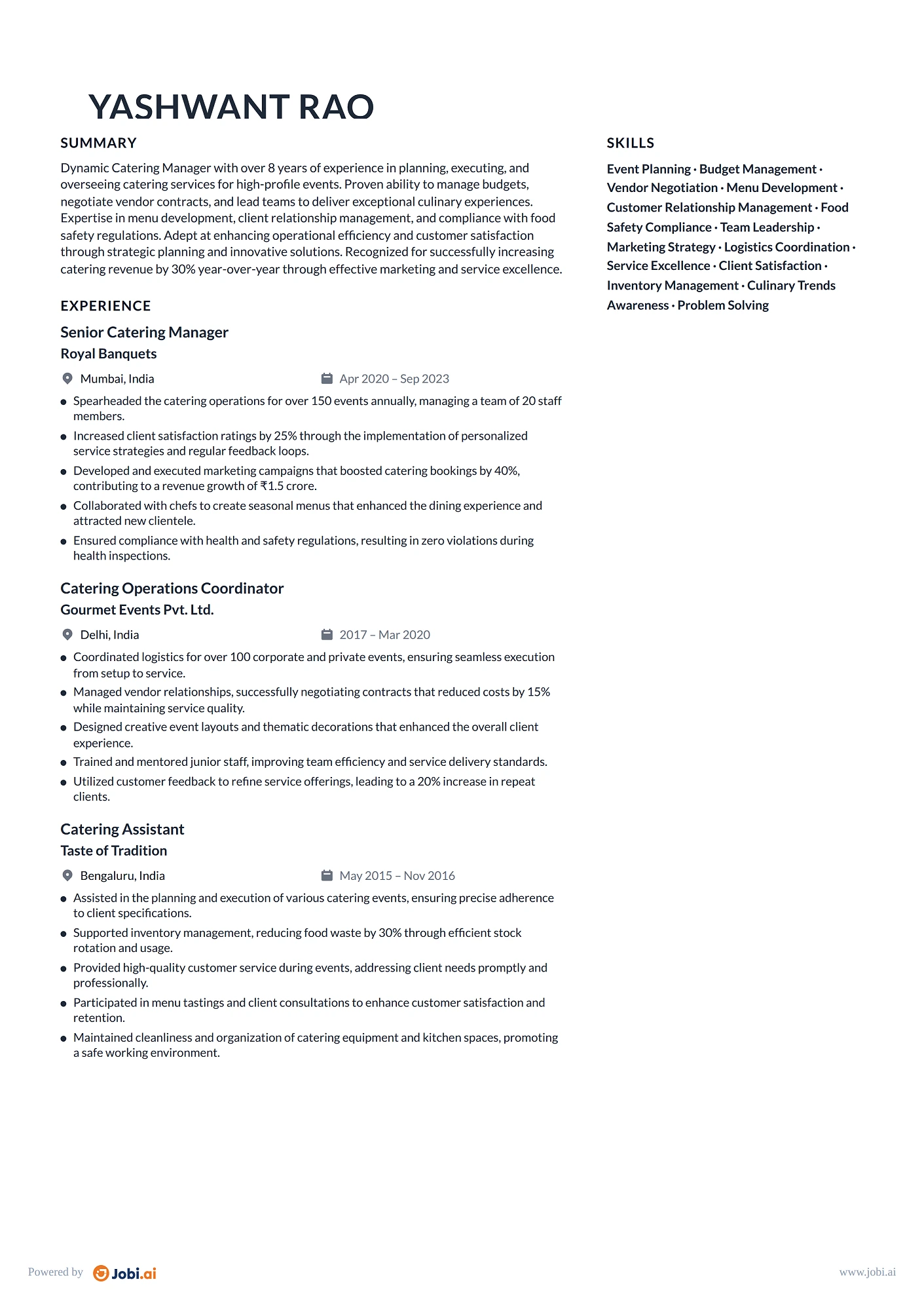 Restaurant Manager resume example — Catering Manager