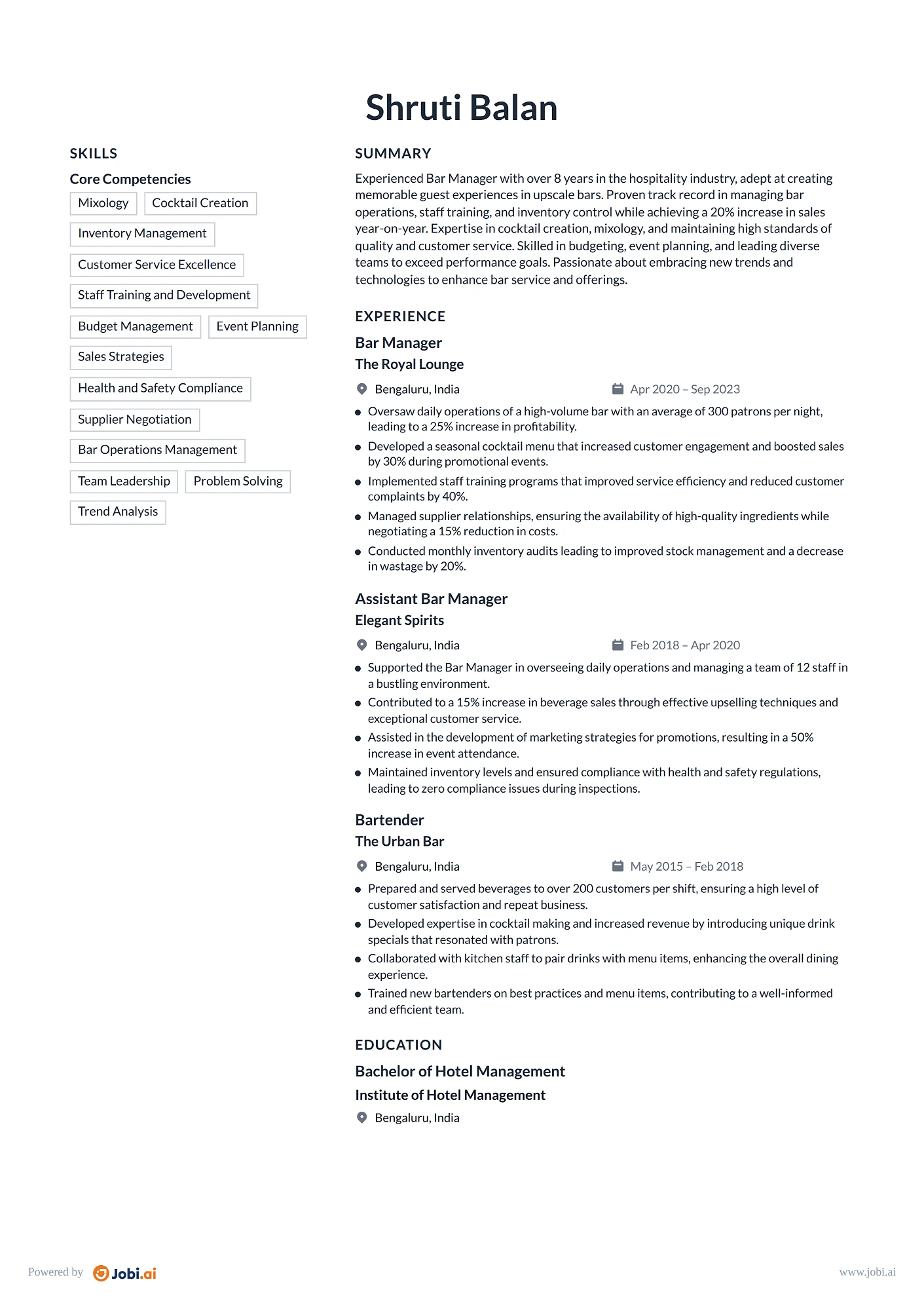 Restaurant Manager resume example — Bar Manager