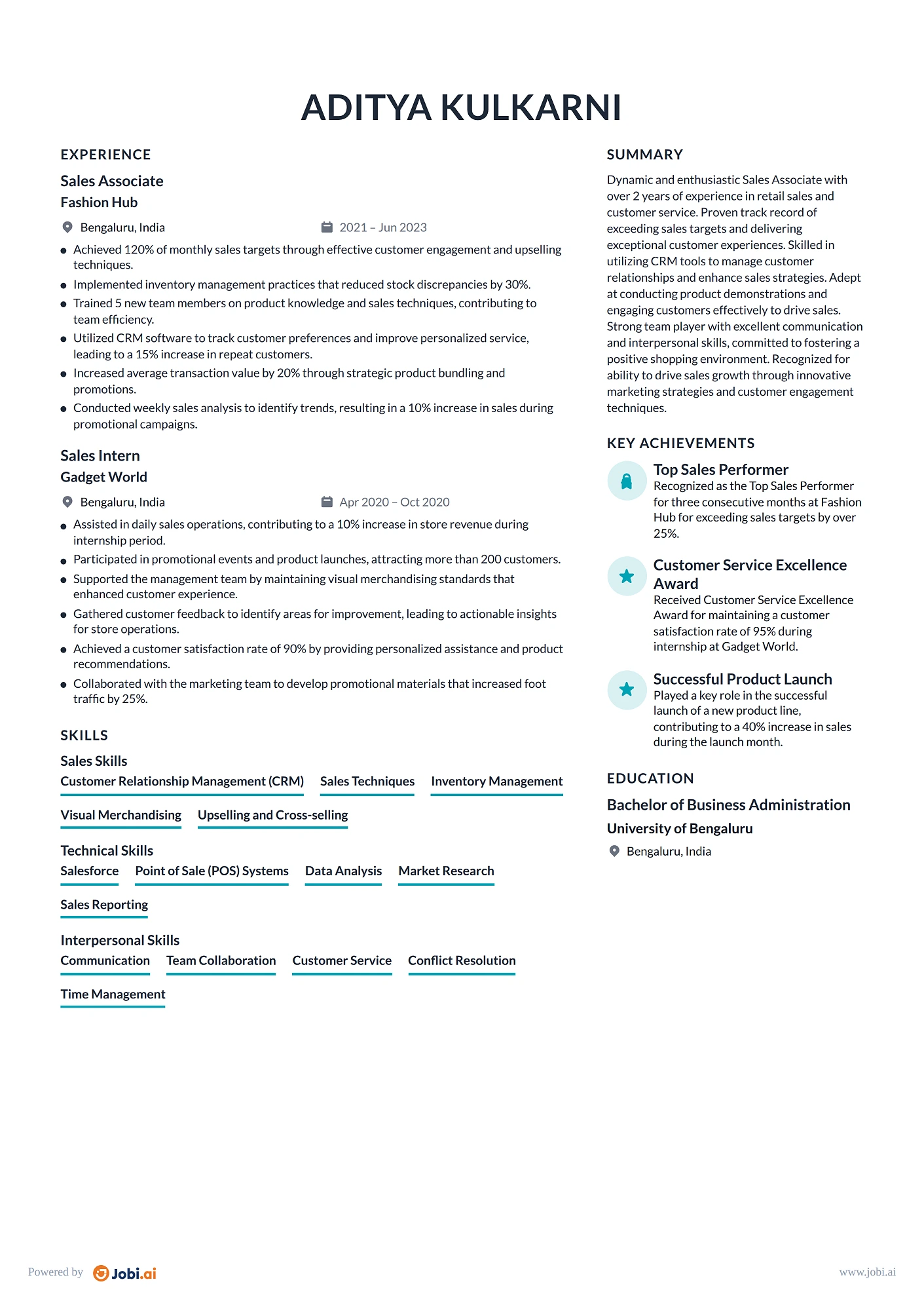 Retail Sales Associate resume example — Sales Associate