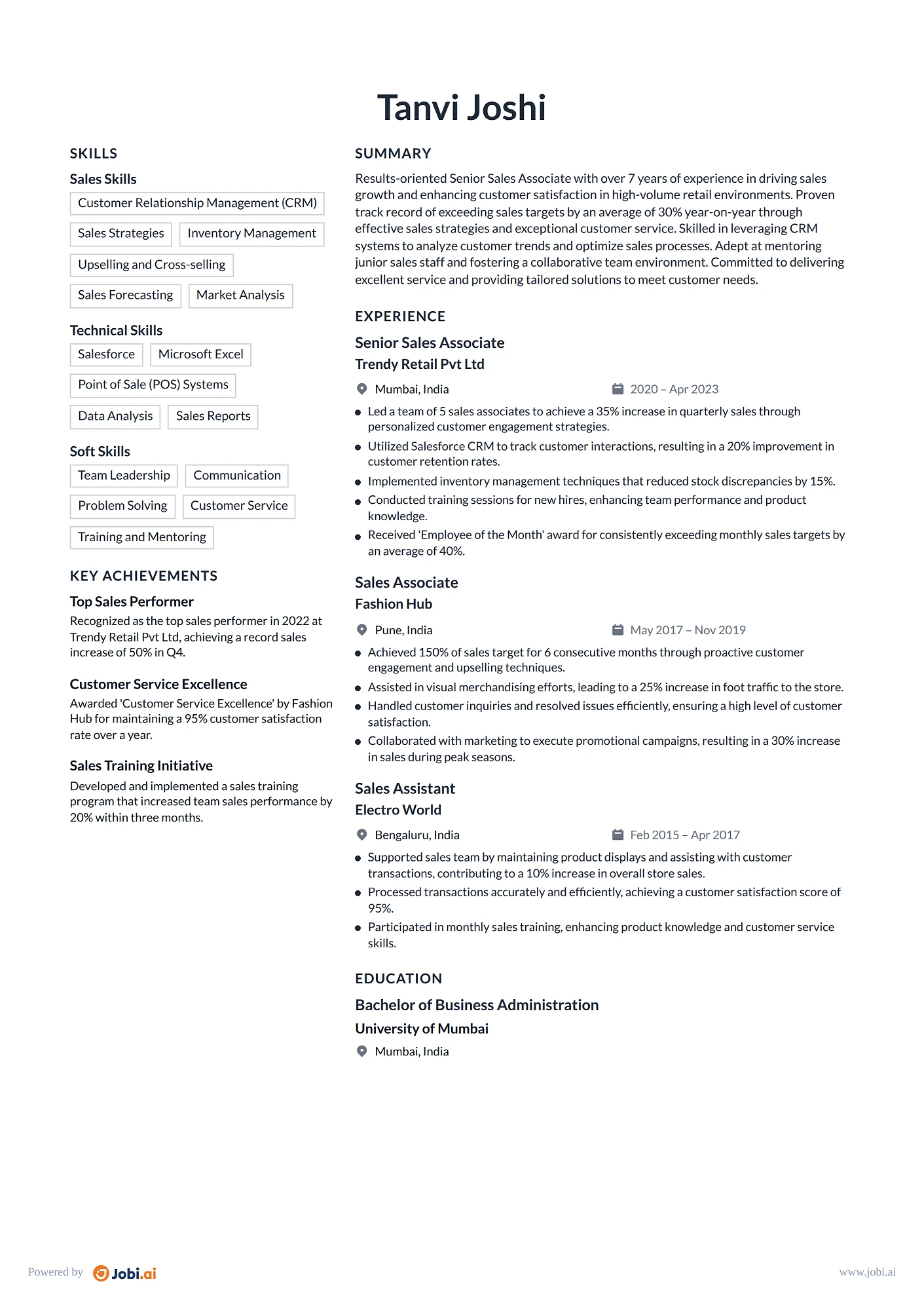 Retail Sales Associate resume example — Senior Sales Associate