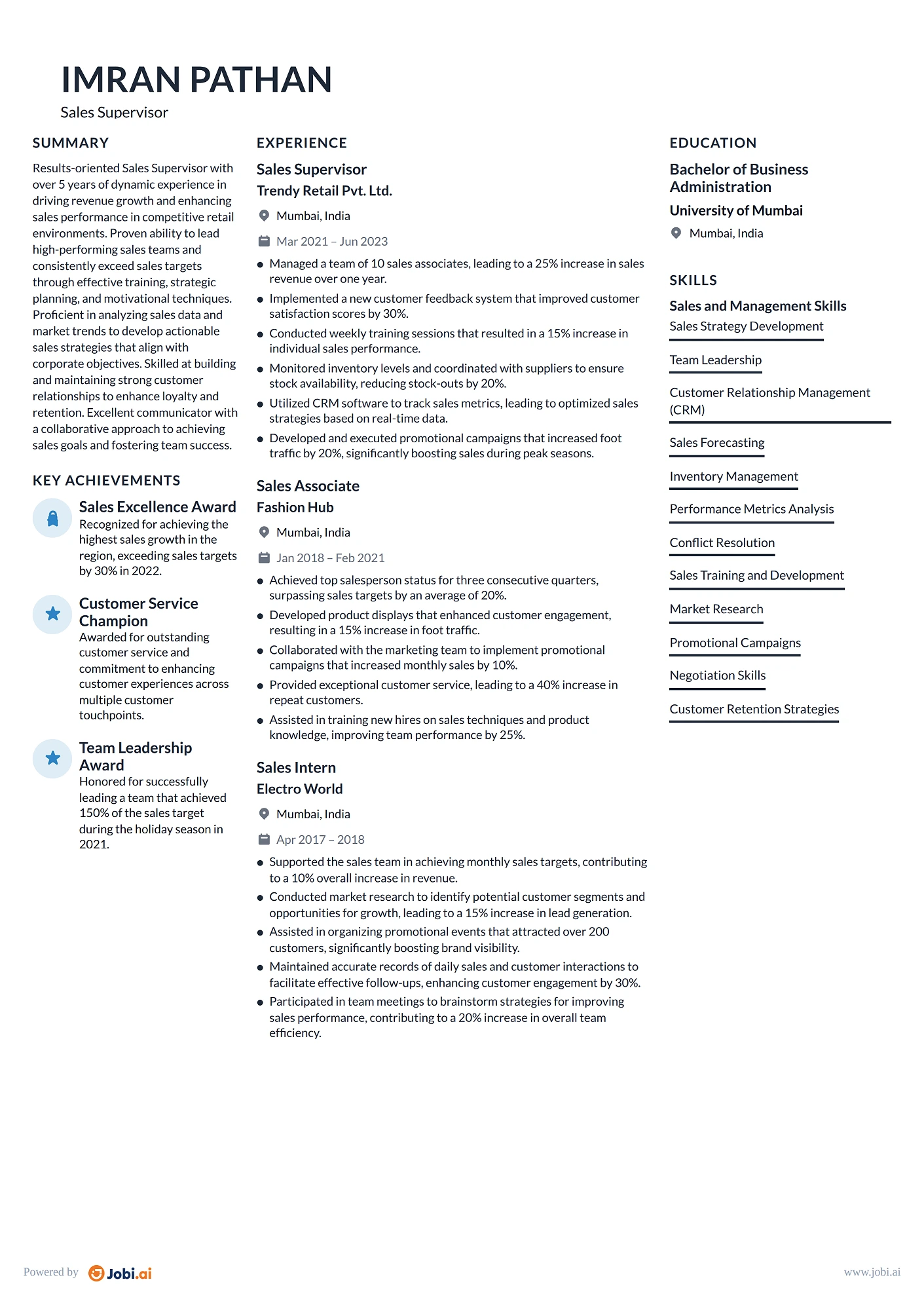 Retail Sales Associate resume example — Sales Supervisor