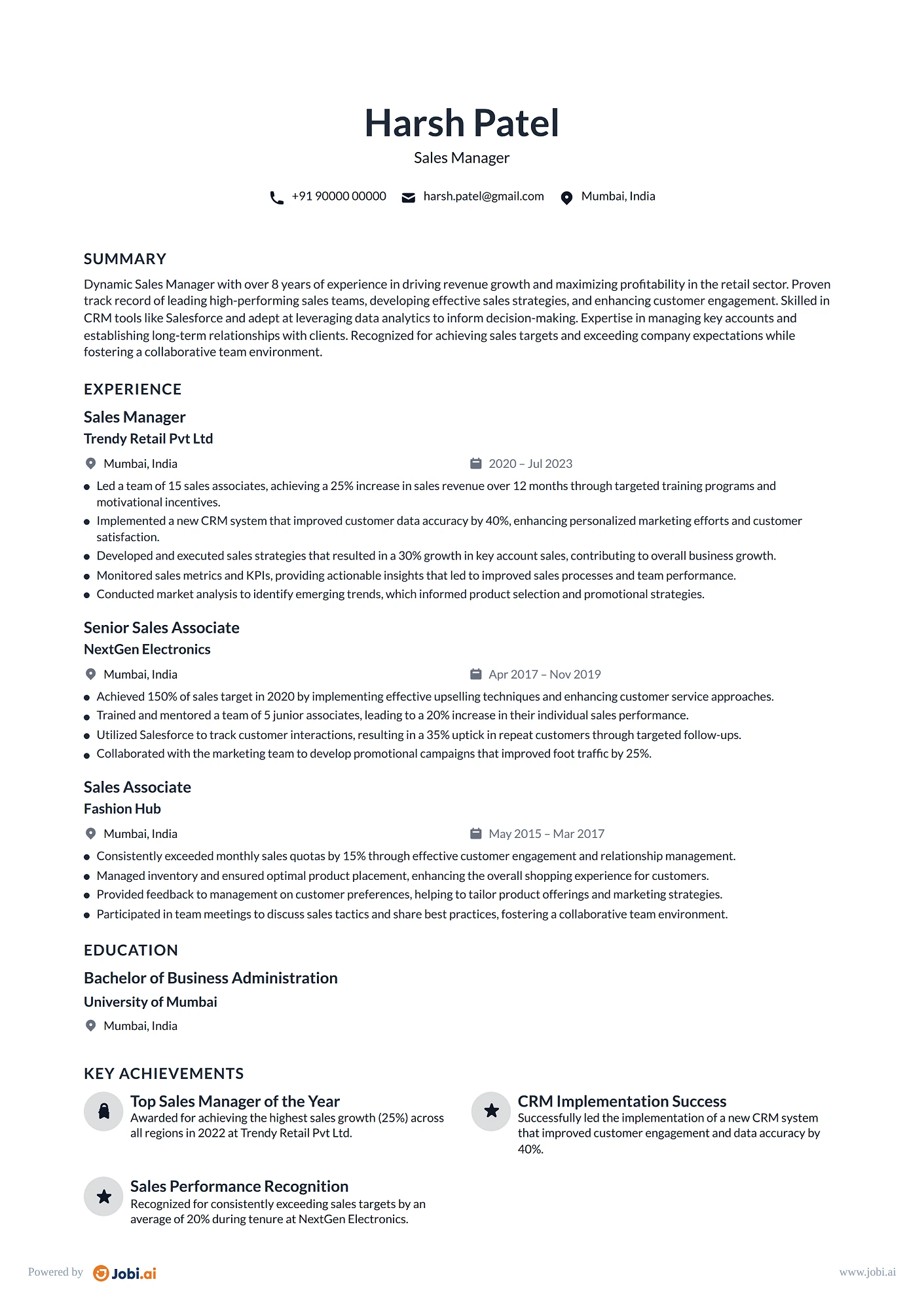 Retail Sales Associate resume example — Sales Manager
