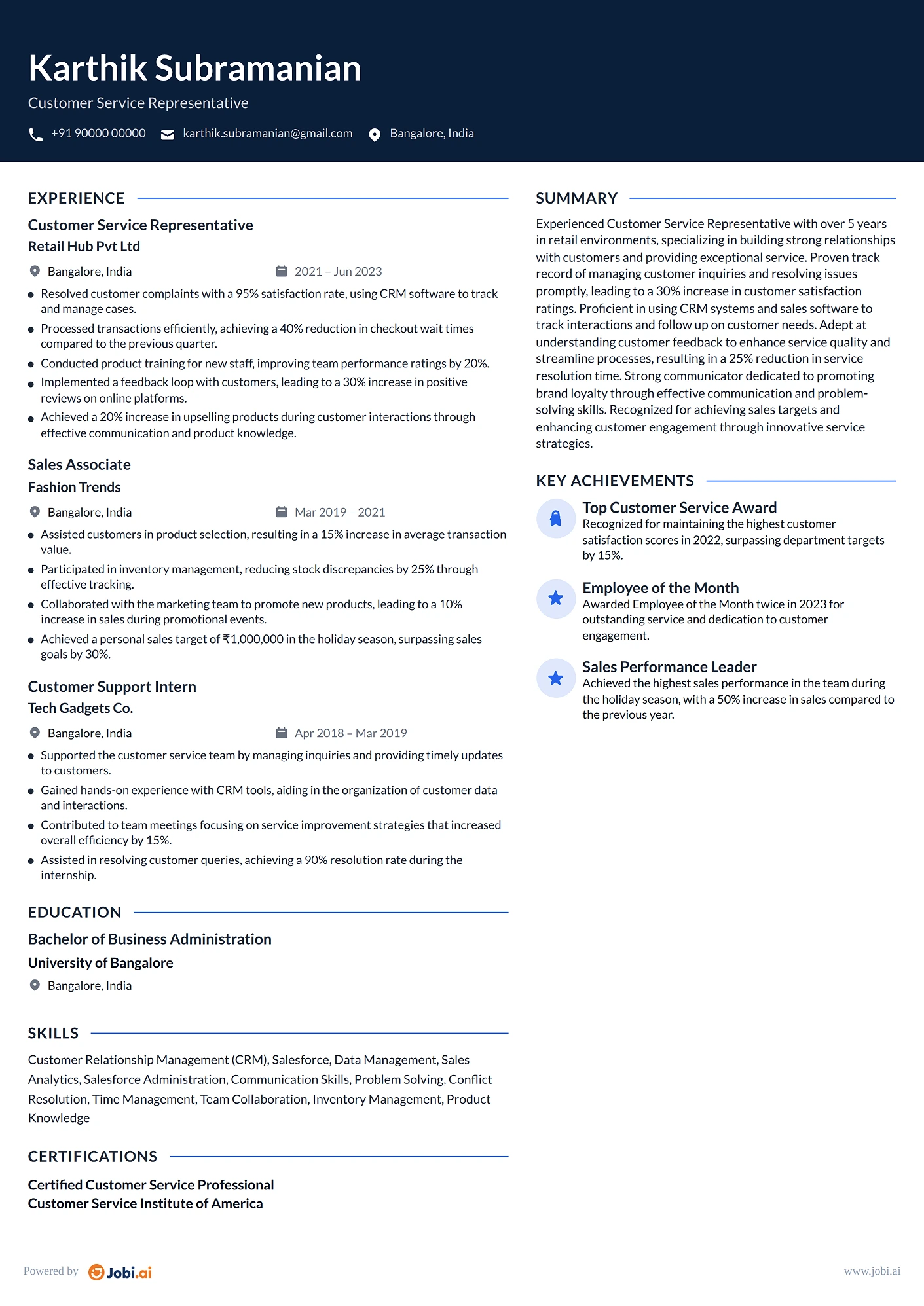 Retail Sales Associate resume example — Customer Service Representative