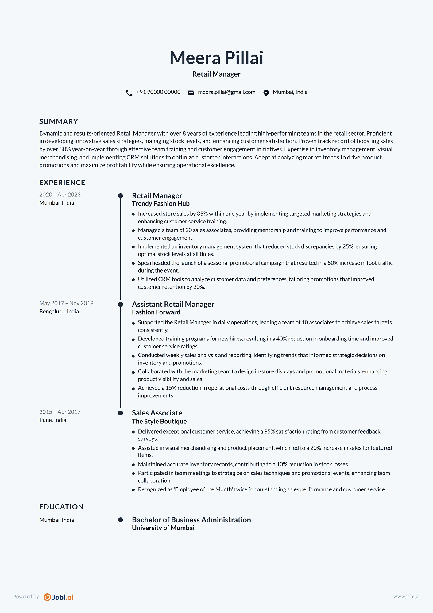 Retail Sales Associate resume example — Retail Manager