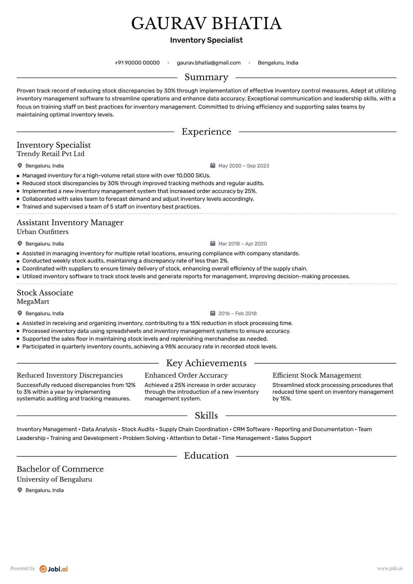 Retail Sales Associate resume example — Inventory Specialist