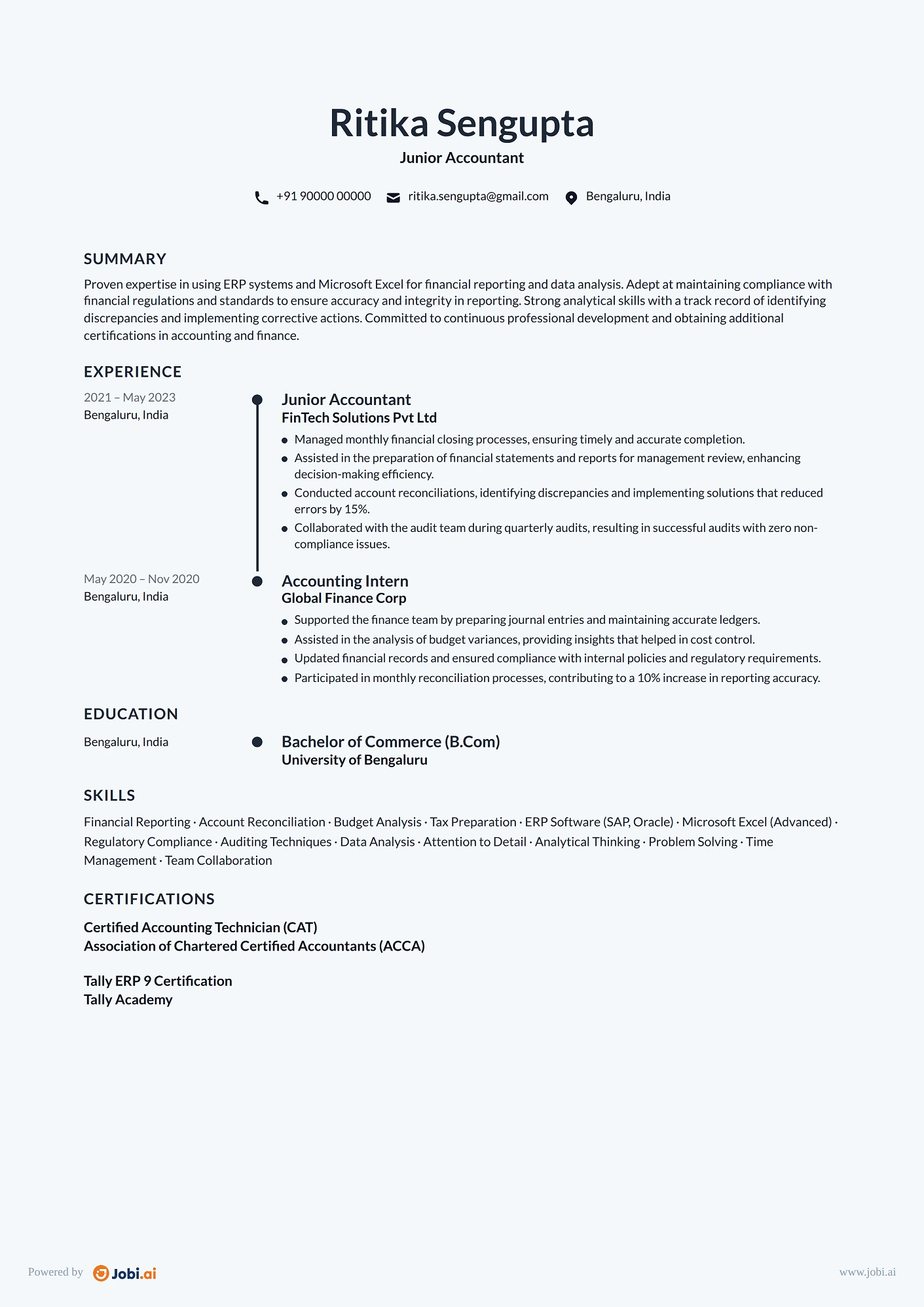Accountant resume example — Junior Accountant