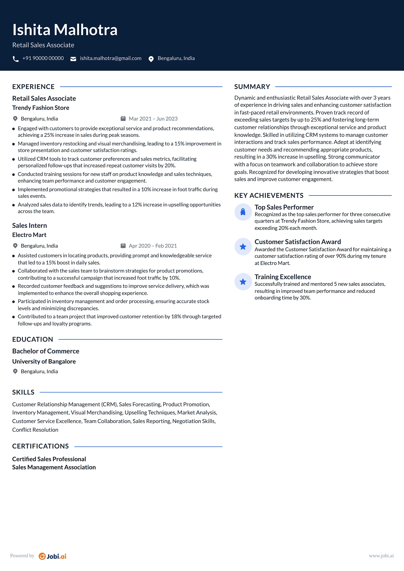 Sales Associate resume example — Retail Sales Associate