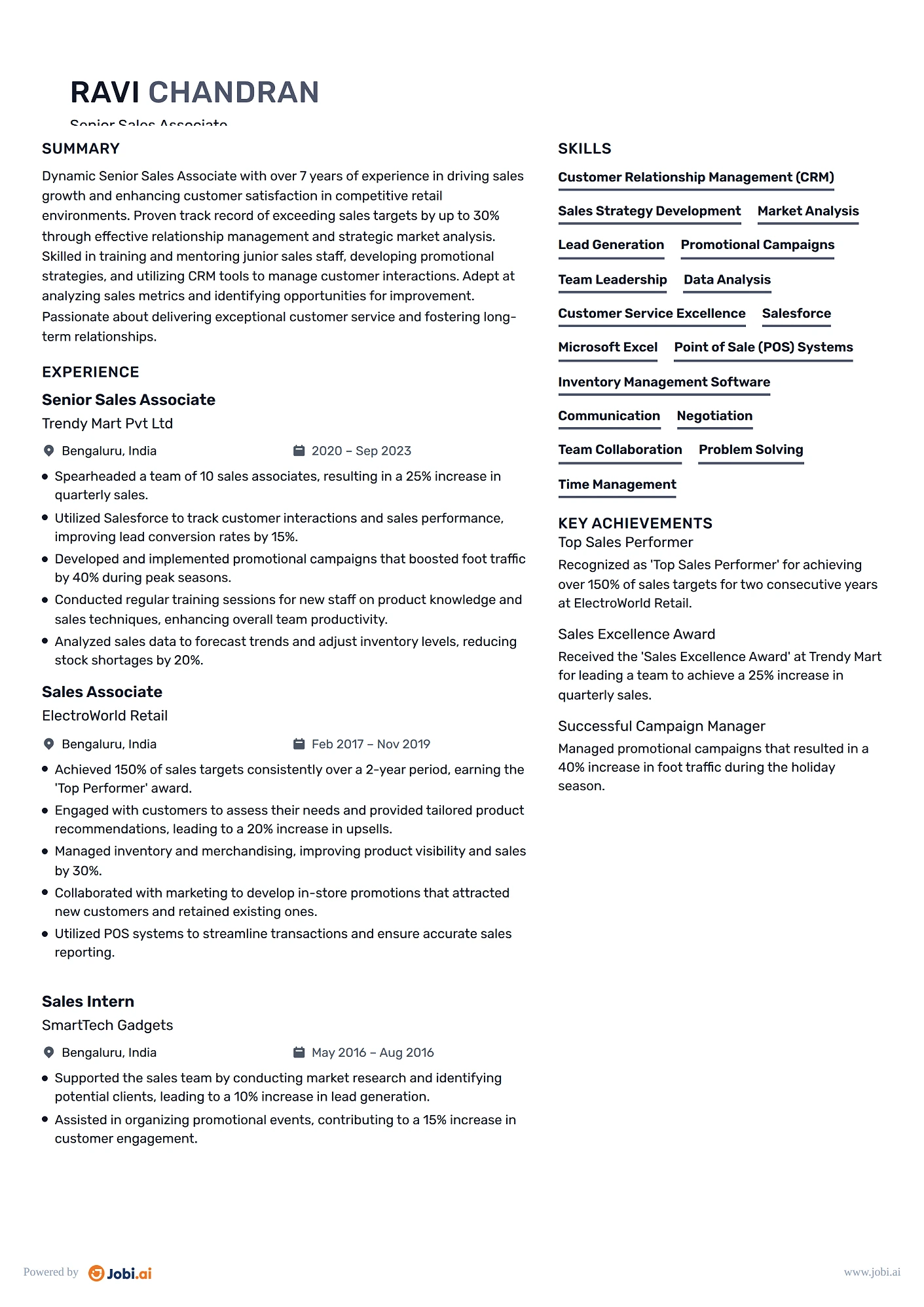 Sales Associate resume example — Senior Sales Associate