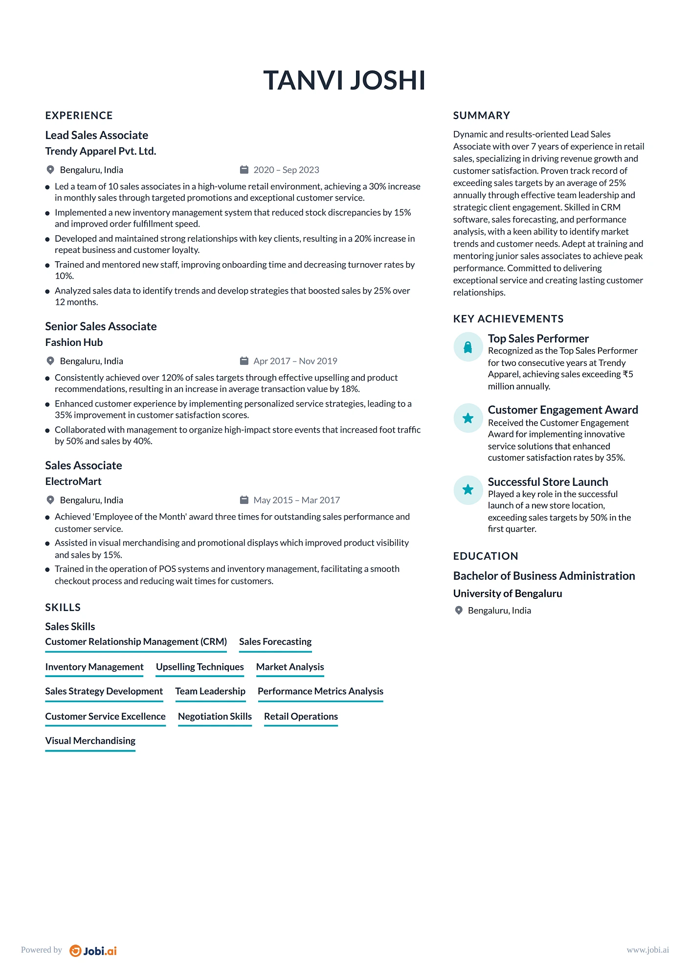 Sales Associate resume example — Lead Sales Associate