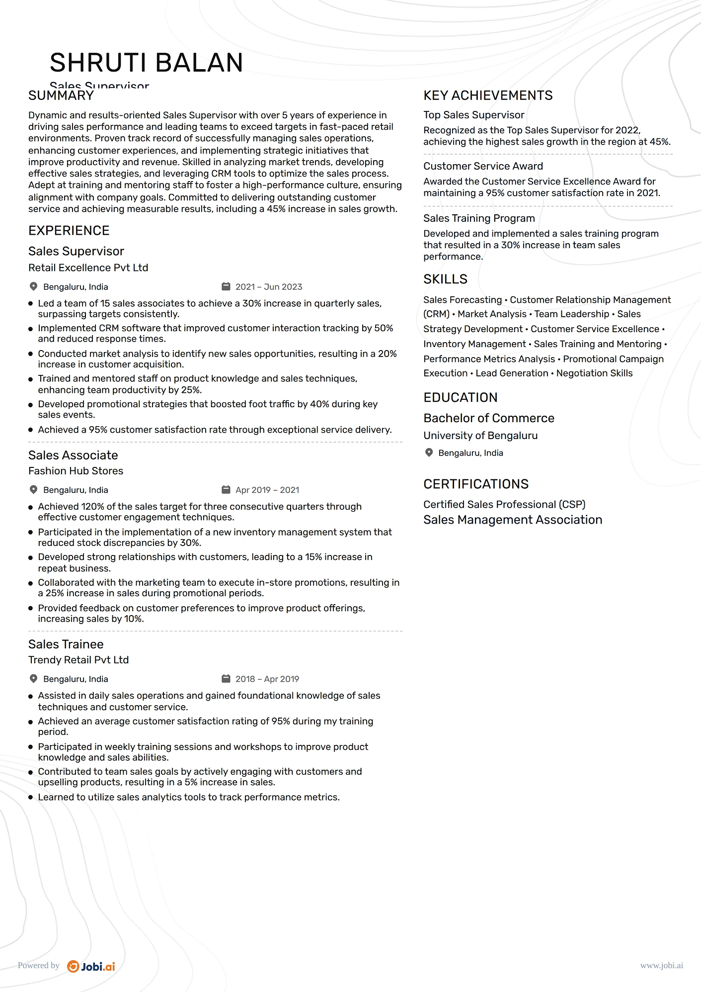 Sales Associate resume example — Sales Supervisor