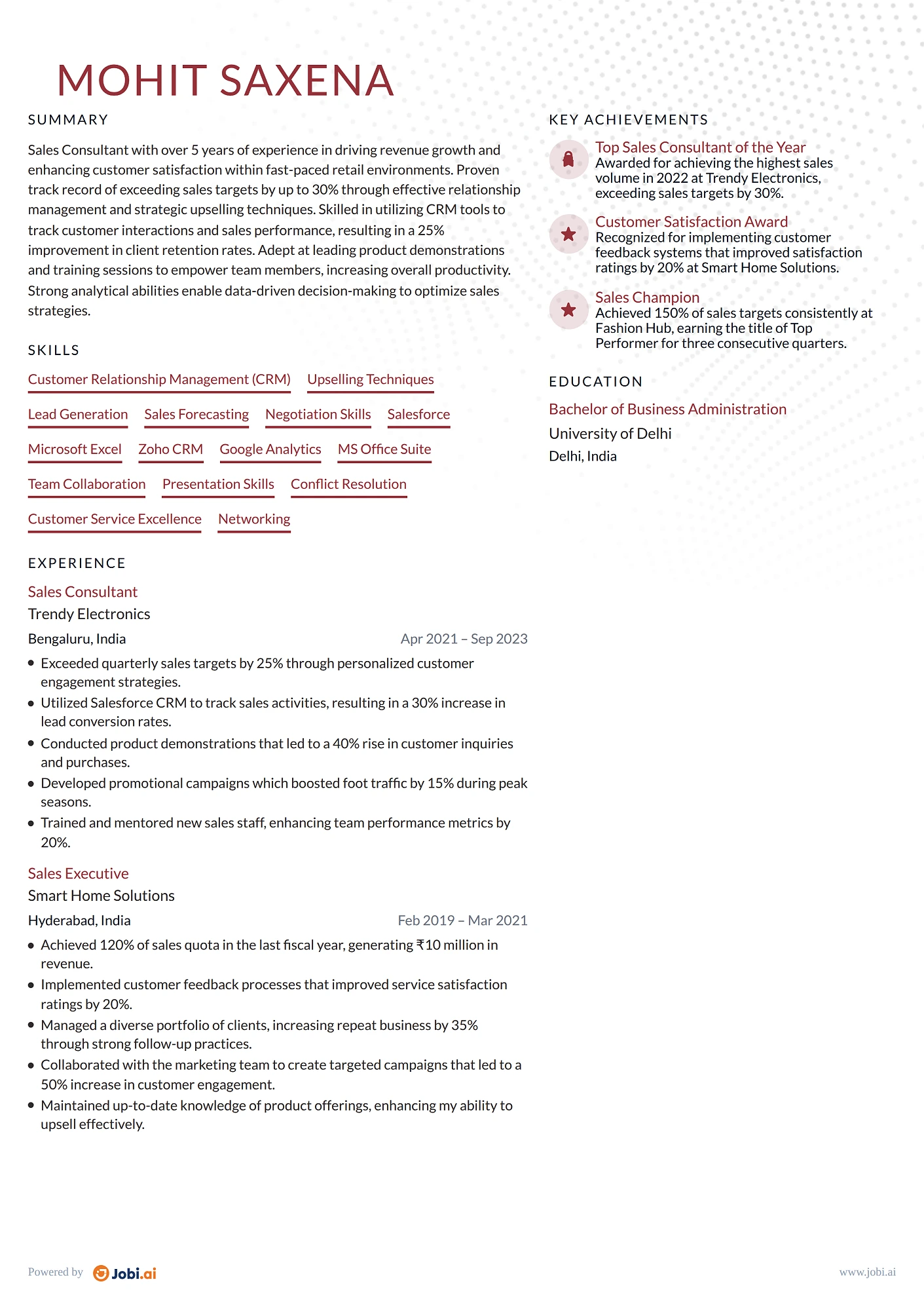 Sales Associate resume example — Sales Consultant