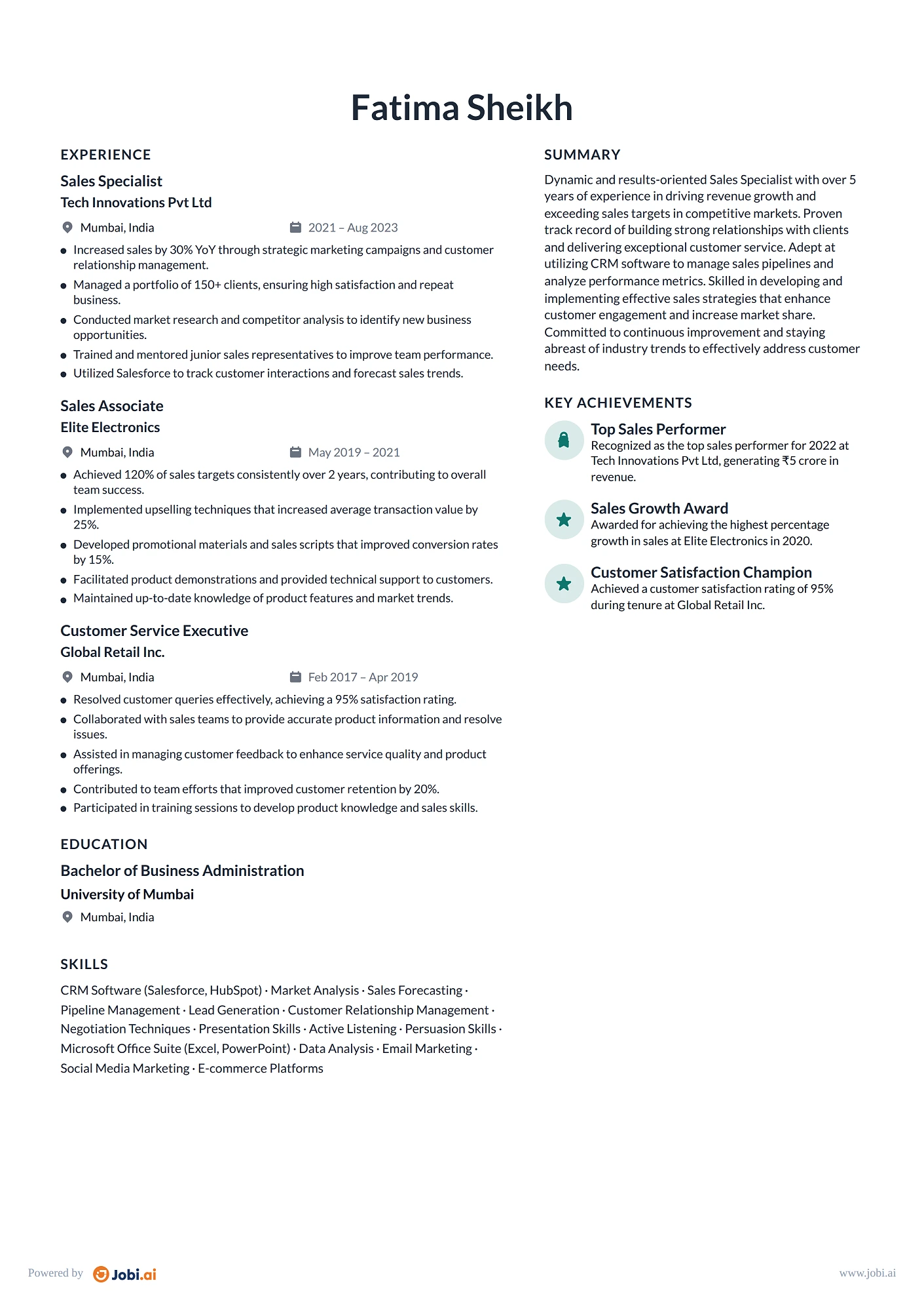 Sales Associate resume example — Sales Specialist