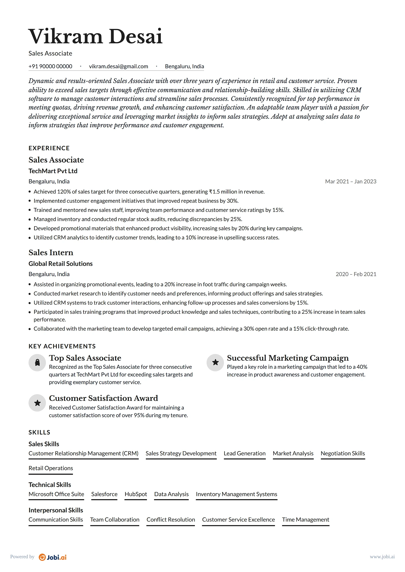 Sales Manager resume example — Sales Associate