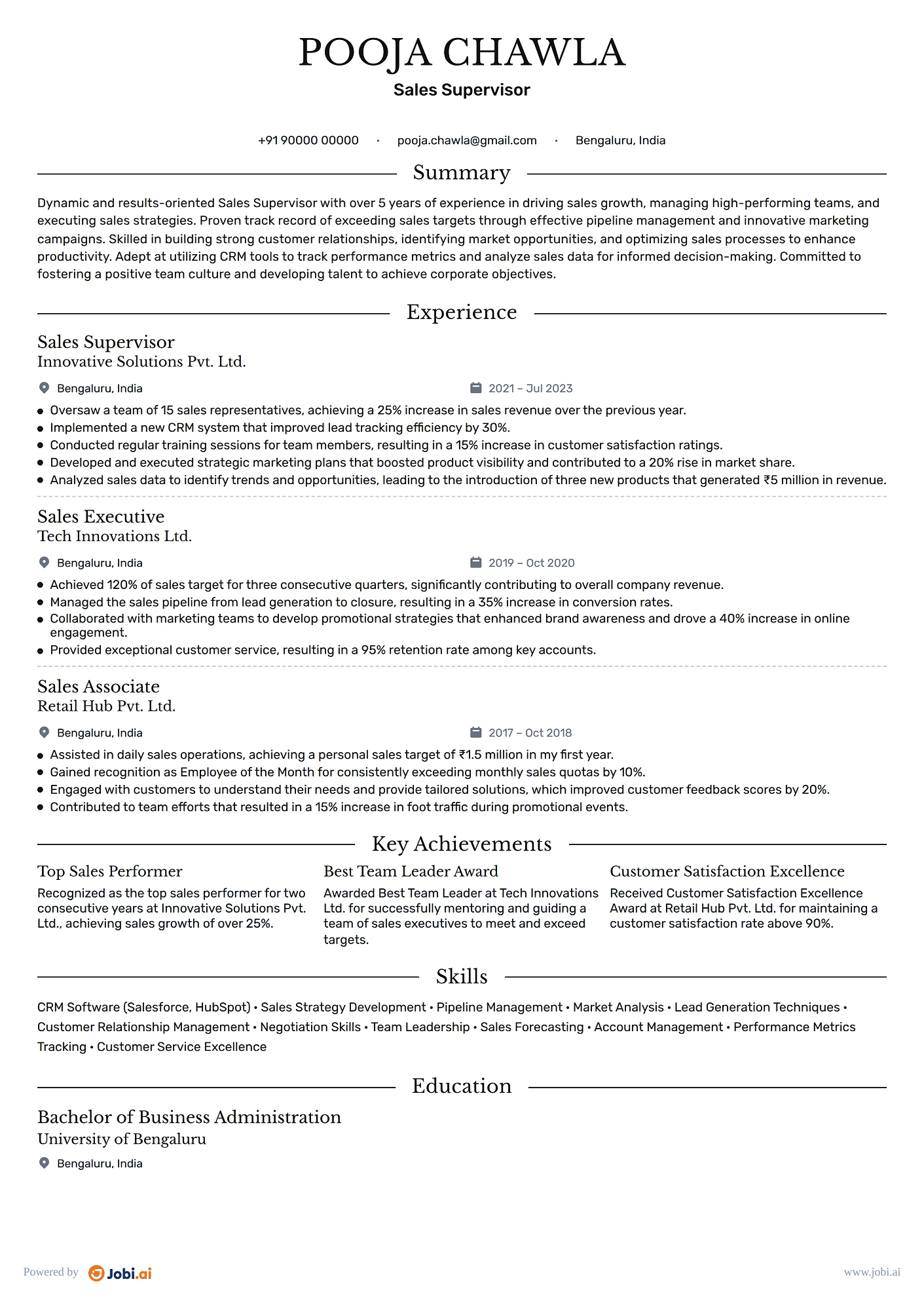 Sales Manager resume example — Sales Supervisor
