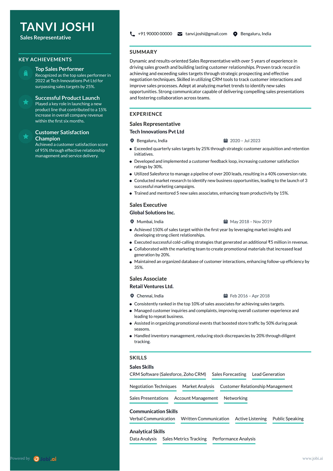 Sales Manager resume example — Sales Representative