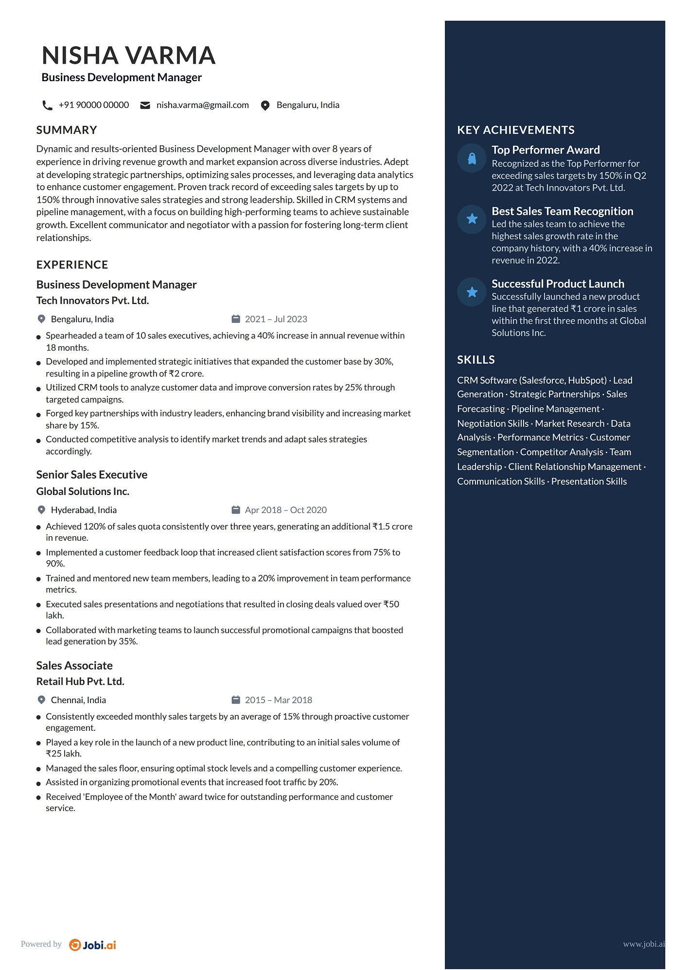 Sales Manager resume example — Business Development Manager