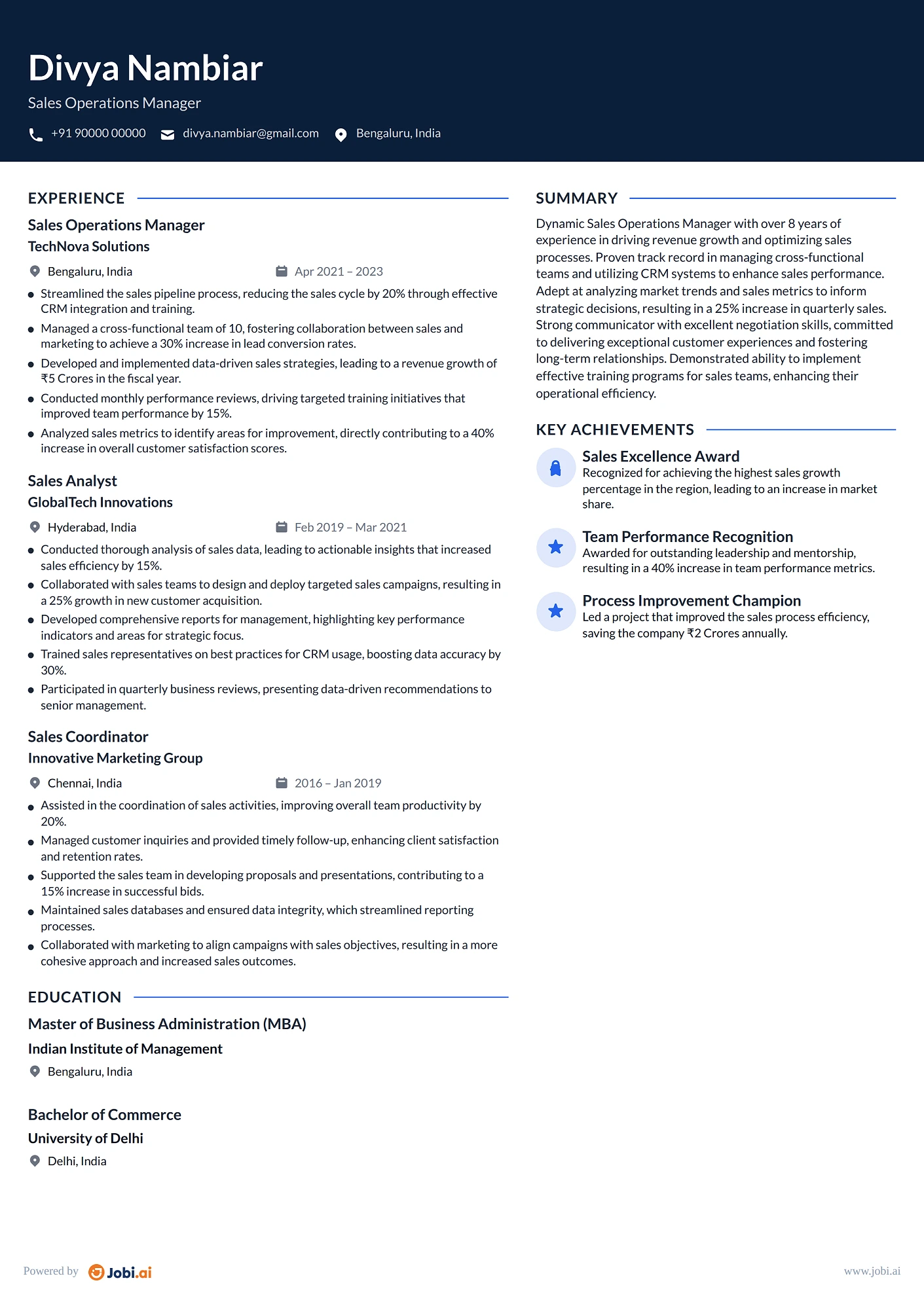 Sales Manager resume example — Sales Operations Manager