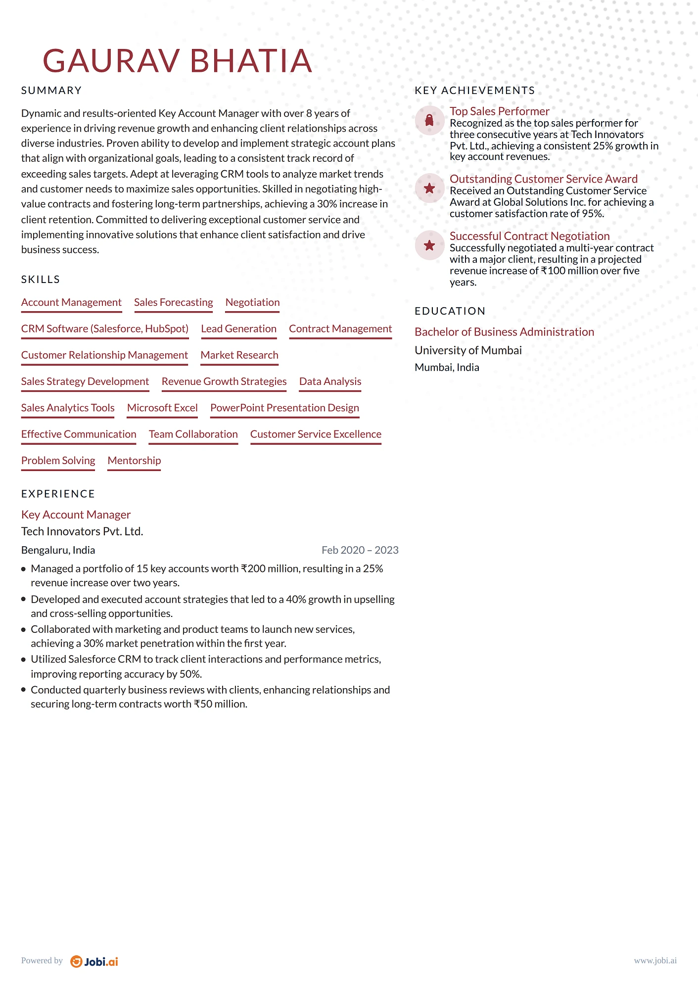 Sales Manager resume example — Key Account Manager