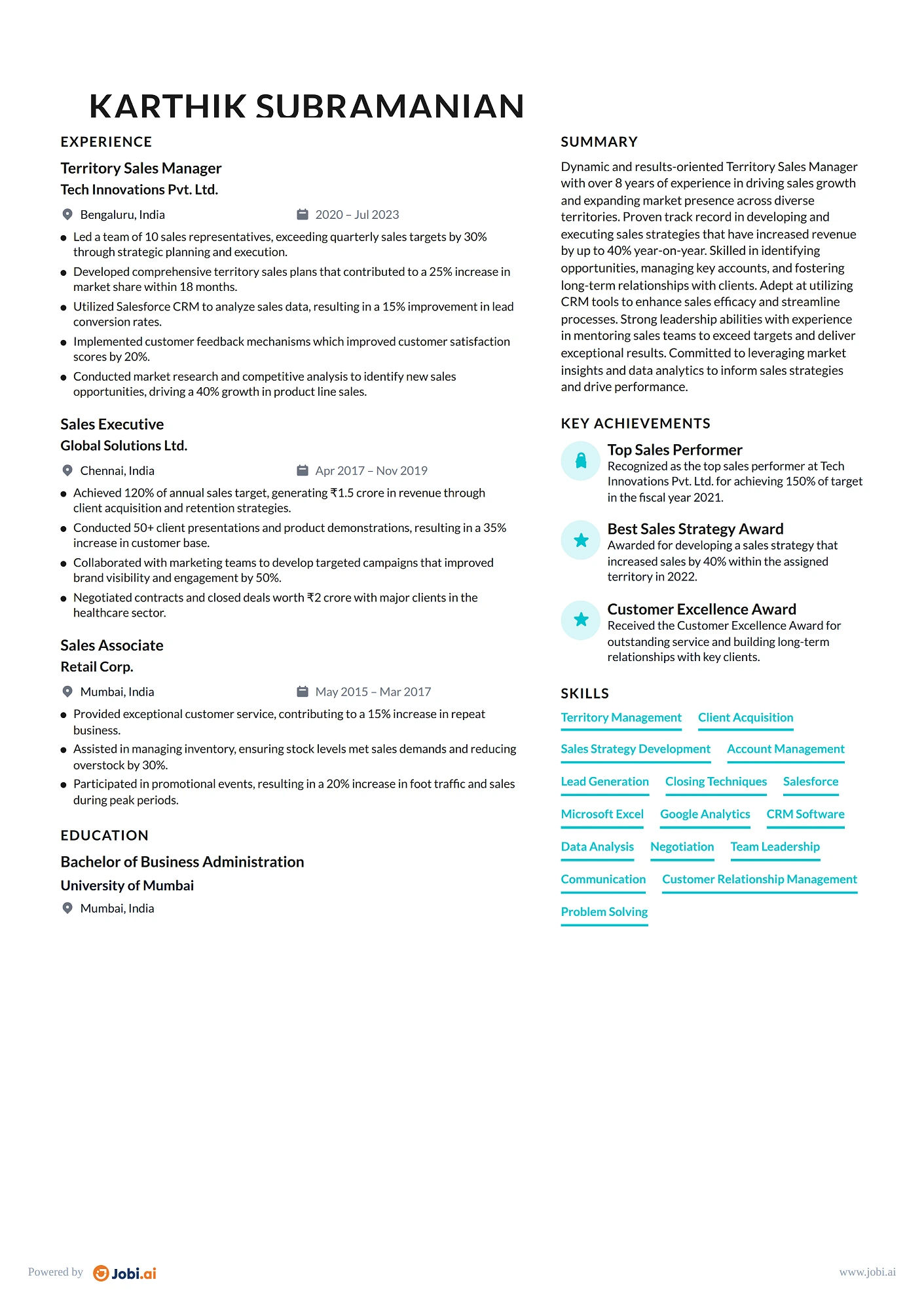Sales Manager resume example — Territory Sales Manager