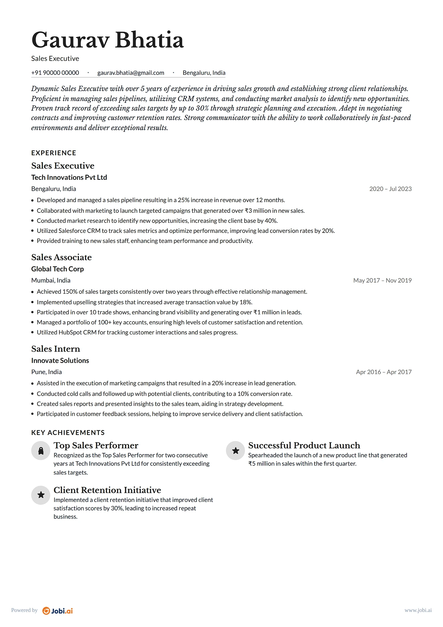 Sales Representative resume example — Sales Executive