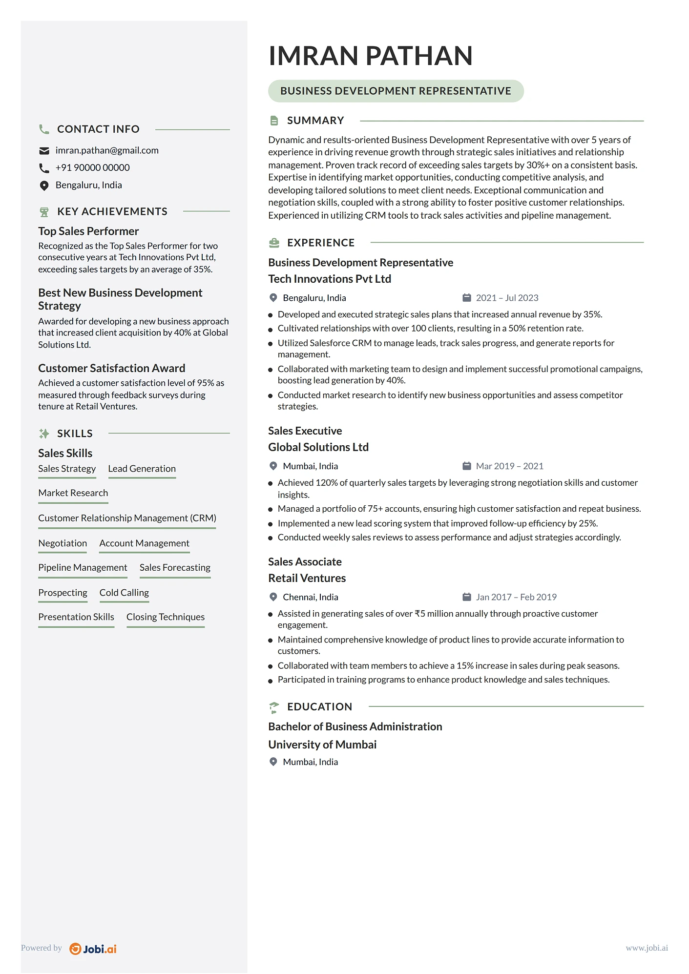 Sales Representative resume example — Business Development Representative