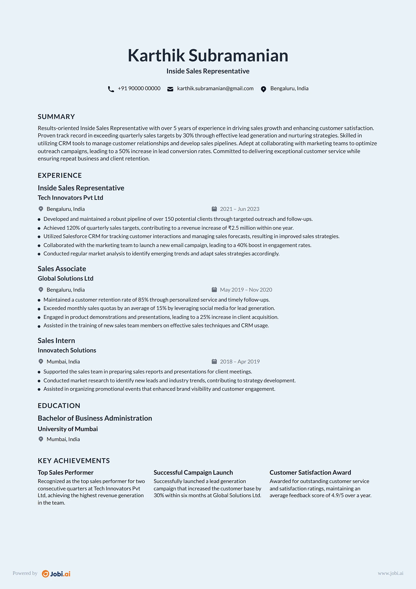 Sales Representative resume example — Inside Sales Representative