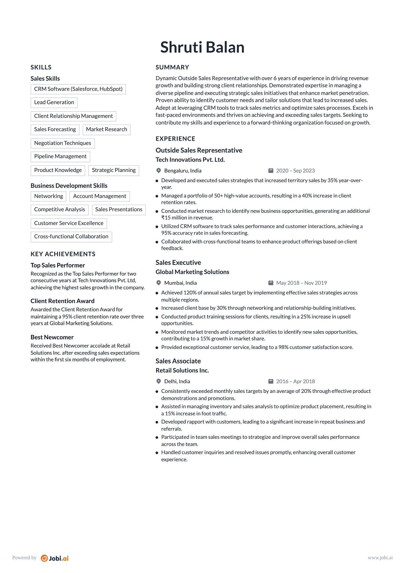 Sales Representative resume example — Outside Sales Representative