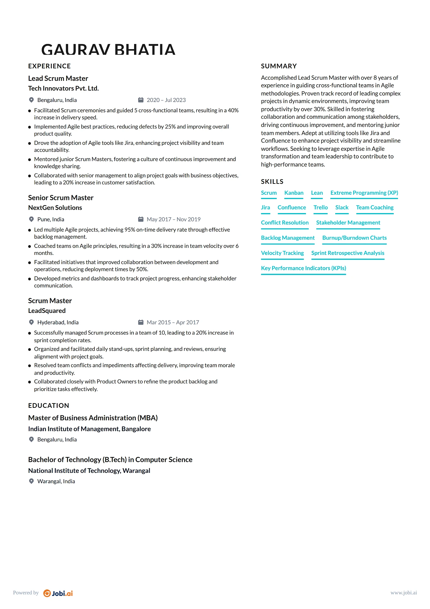 Scrum Master resume example — Lead Scrum Master