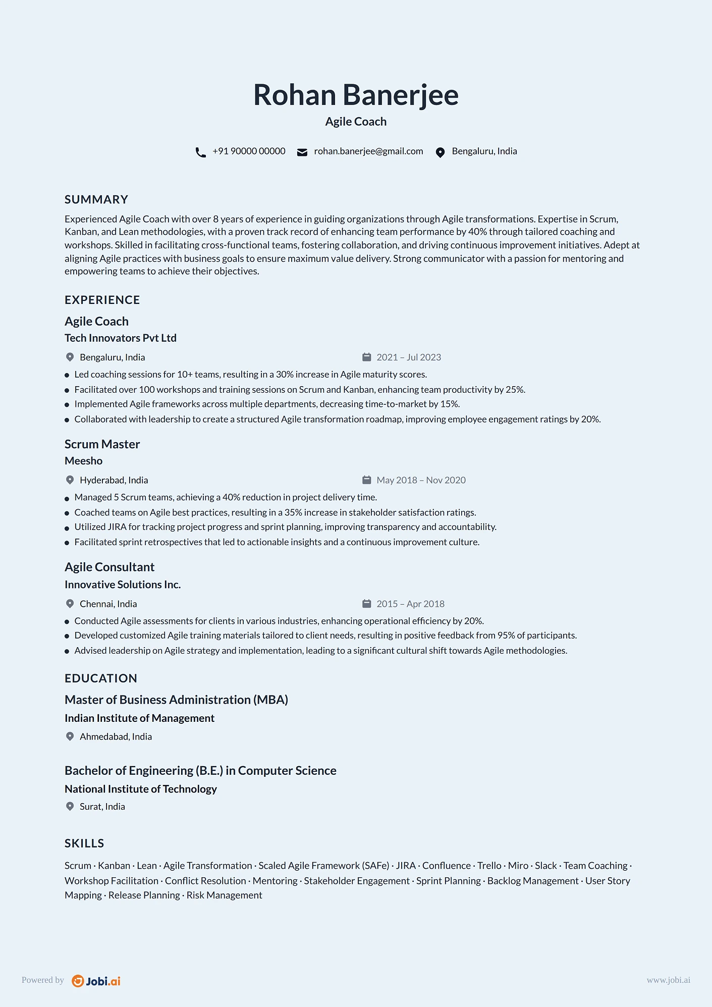 Scrum Master resume example — Agile Coach