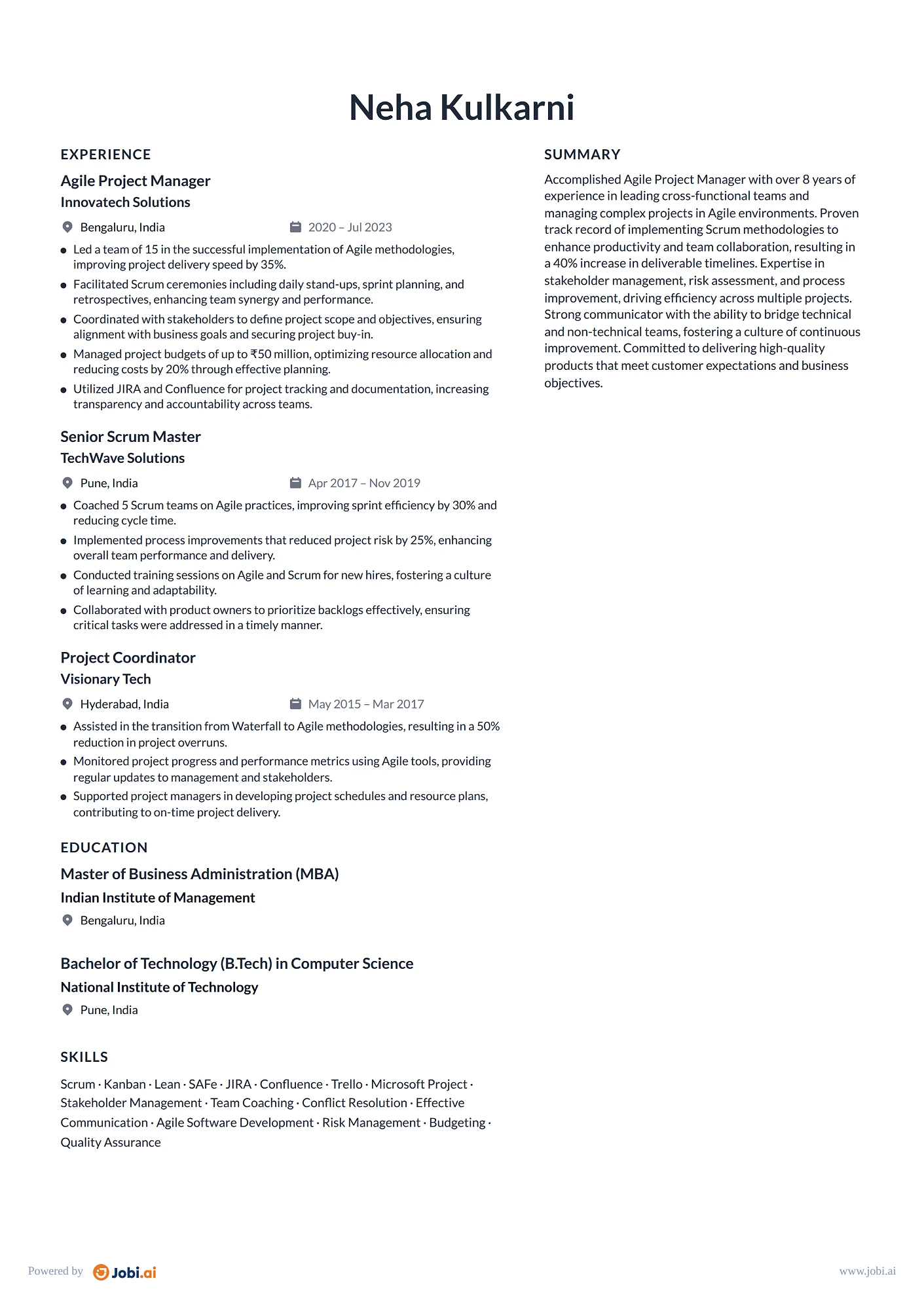 Scrum Master resume example — Agile Project Manager