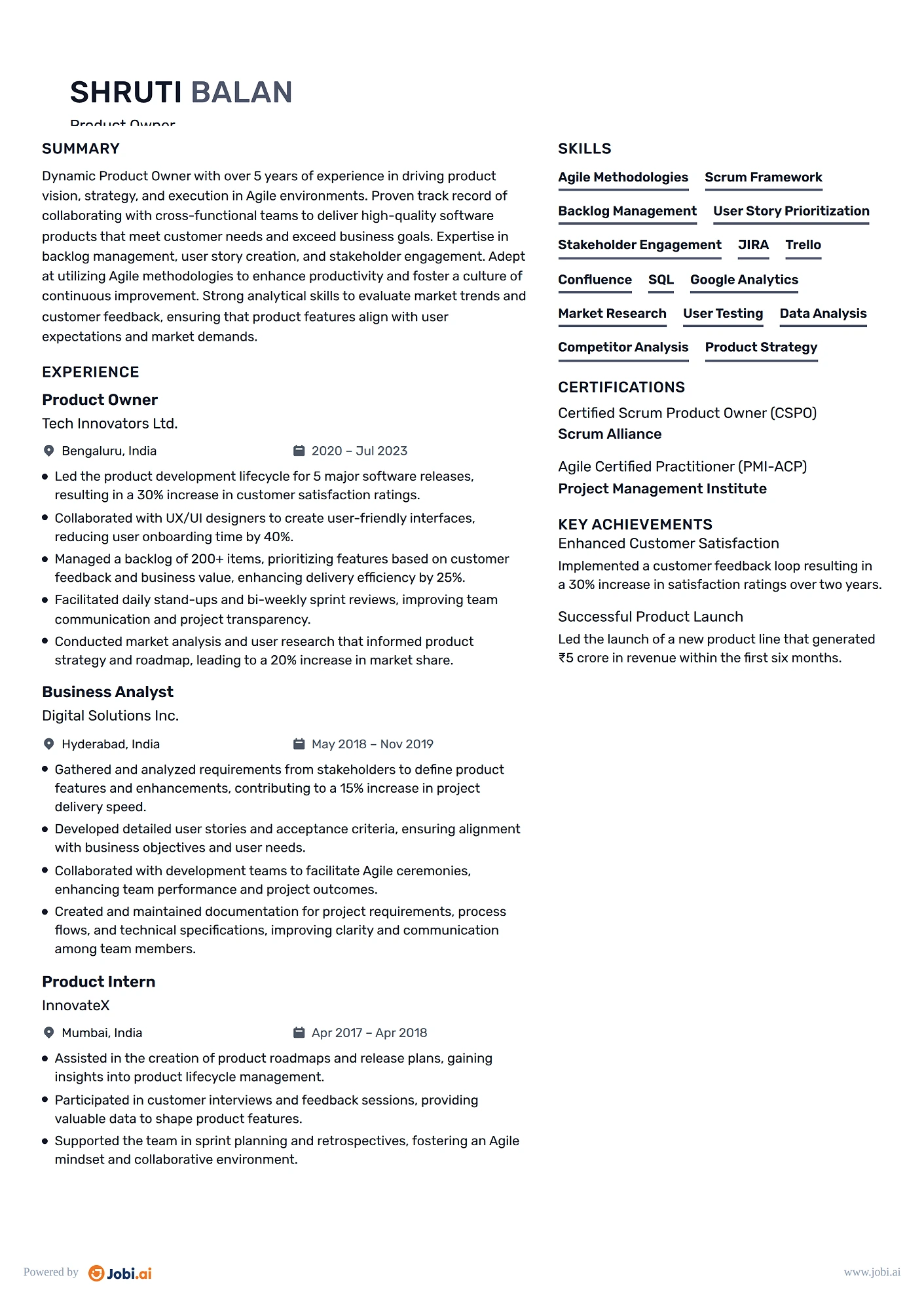 Scrum Master resume example — Product Owner