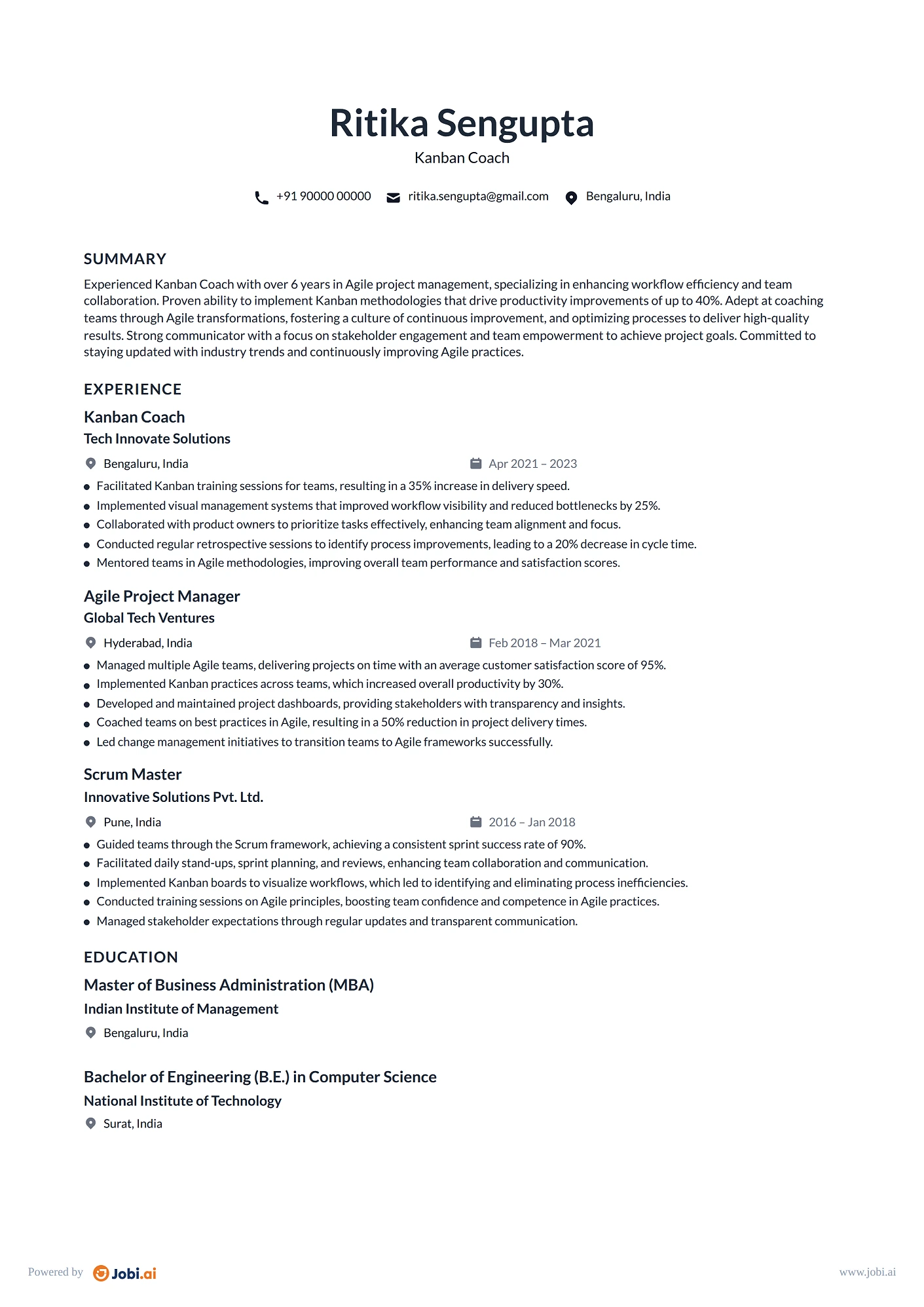 Scrum Master resume example — Kanban Coach