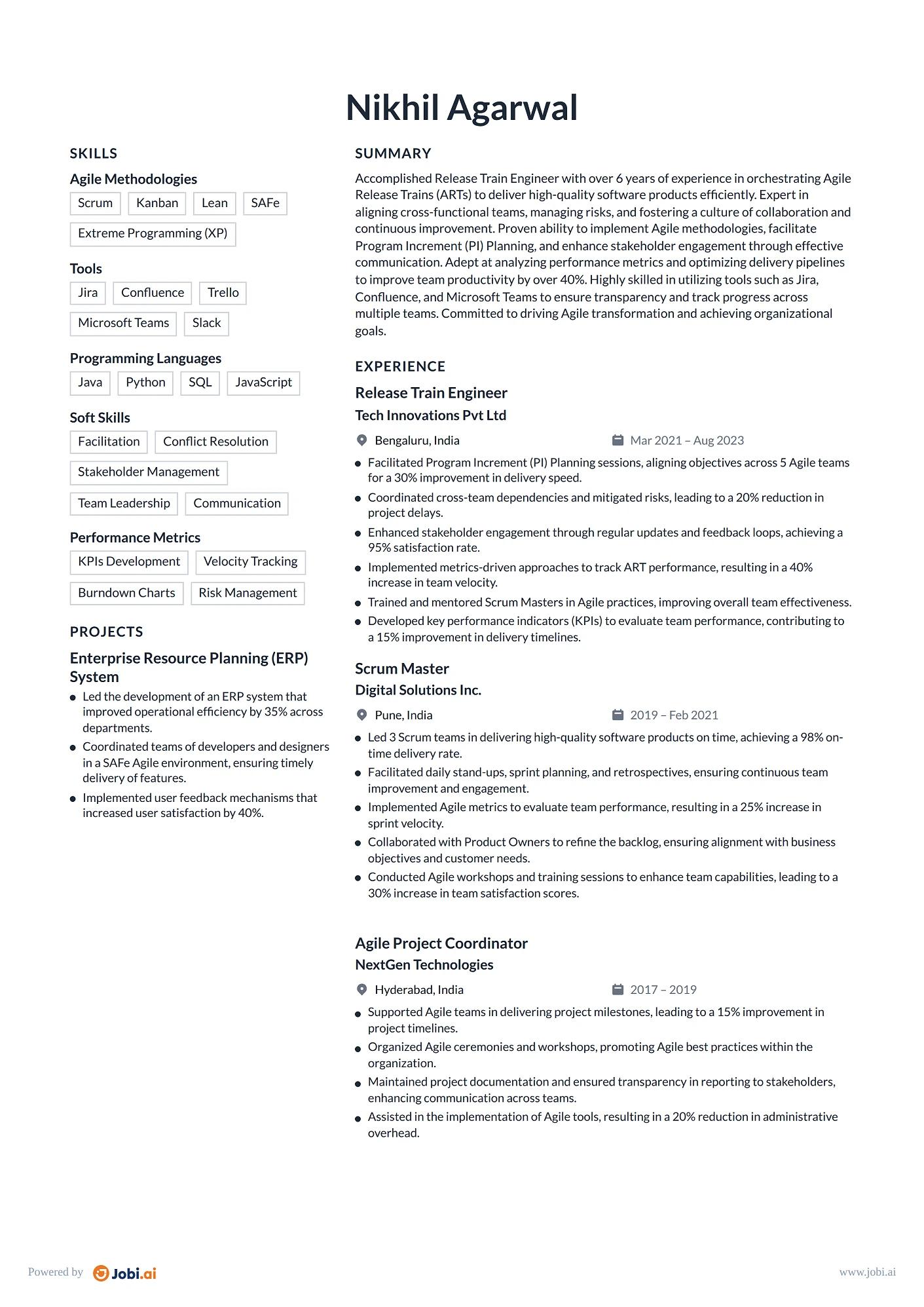 Scrum Master resume example — Release Train Engineer