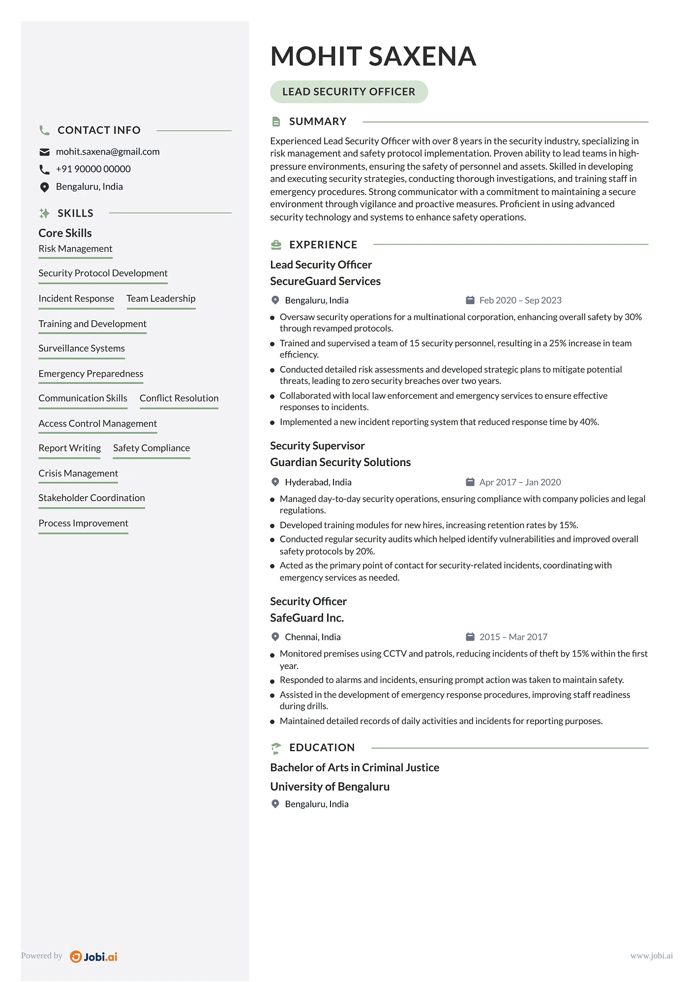 Security Guard resume example — Lead Security Officer